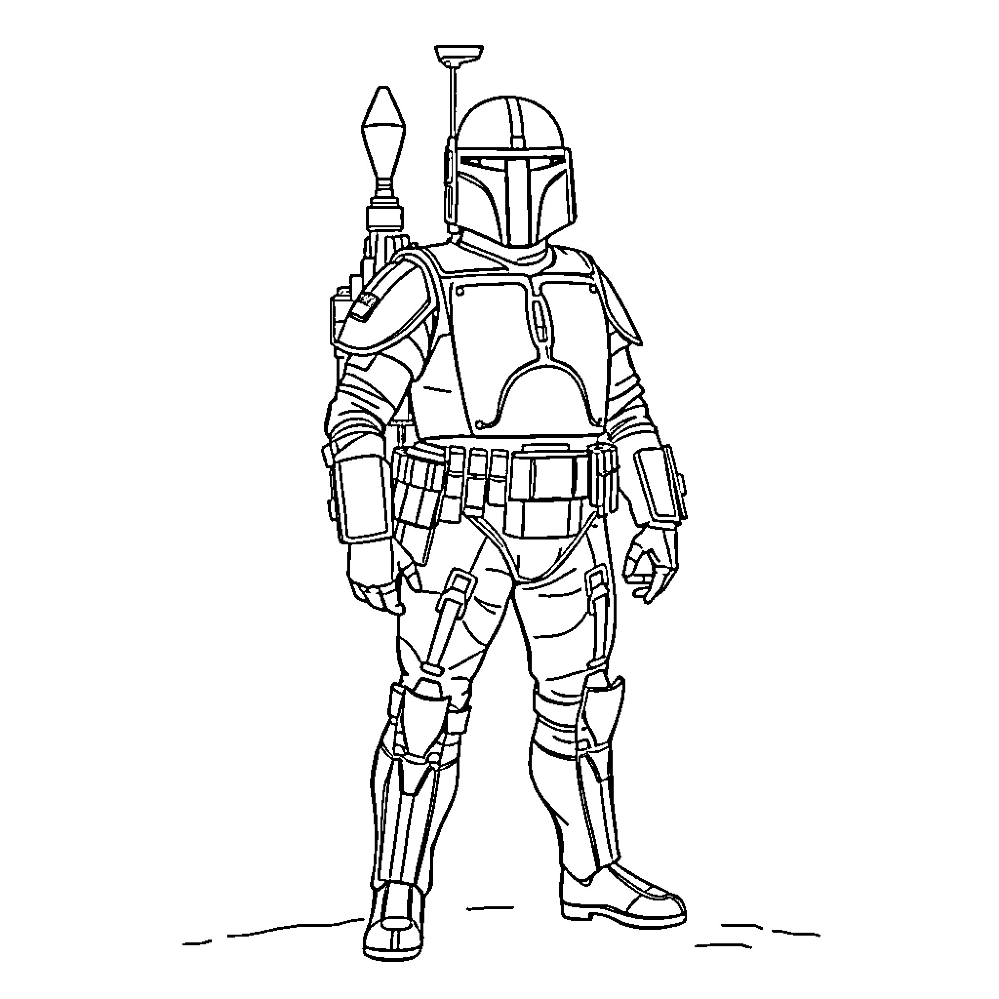 Boba Fett in full combat gear Coloring Page (free black-and-white line drawing printable PDF for all, from beginners to advanced learners, including children, teens, adults, and seniors)