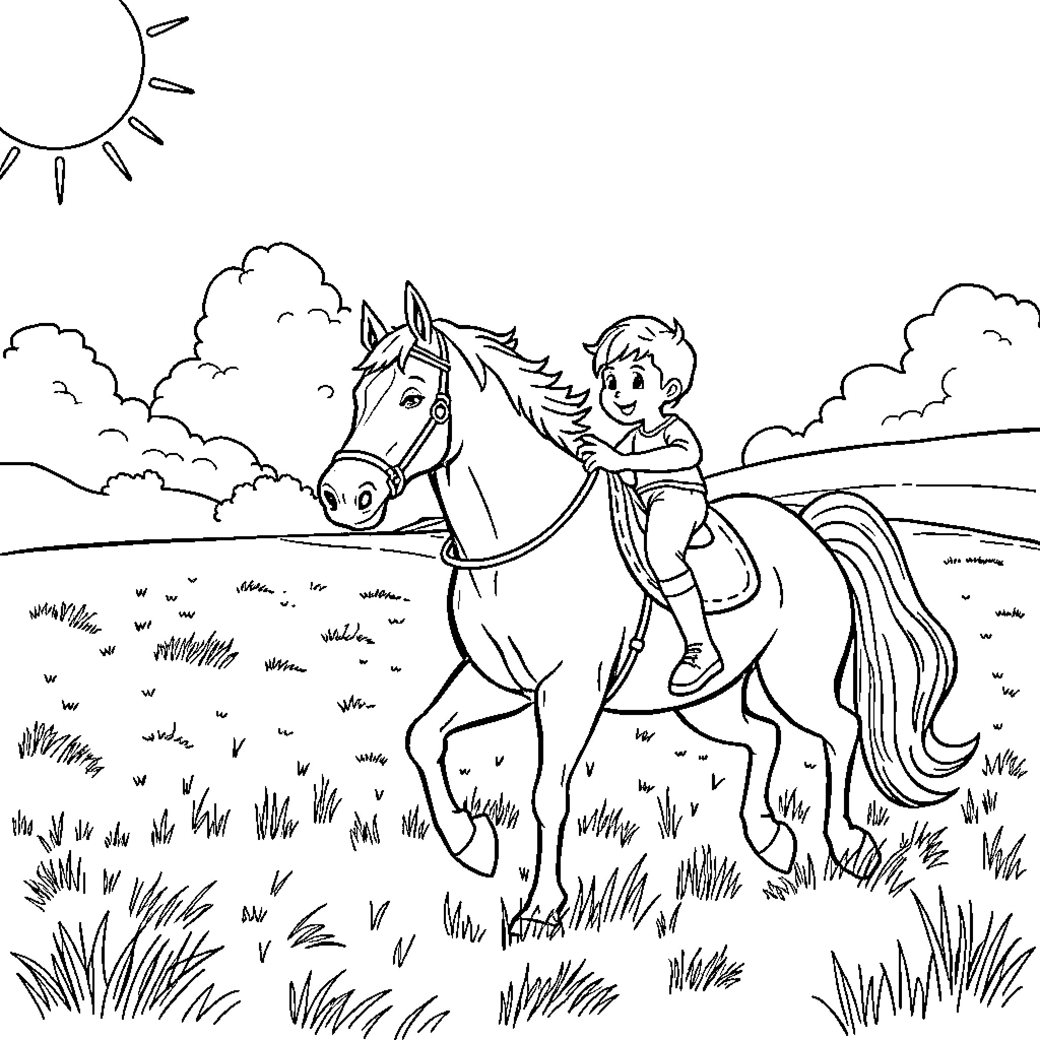 Speederman rides a horse through the countryside Coloring Page (free black-and-white line drawing printable PDF for all, from beginners to advanced learners, including children, teens, adults, and seniors)