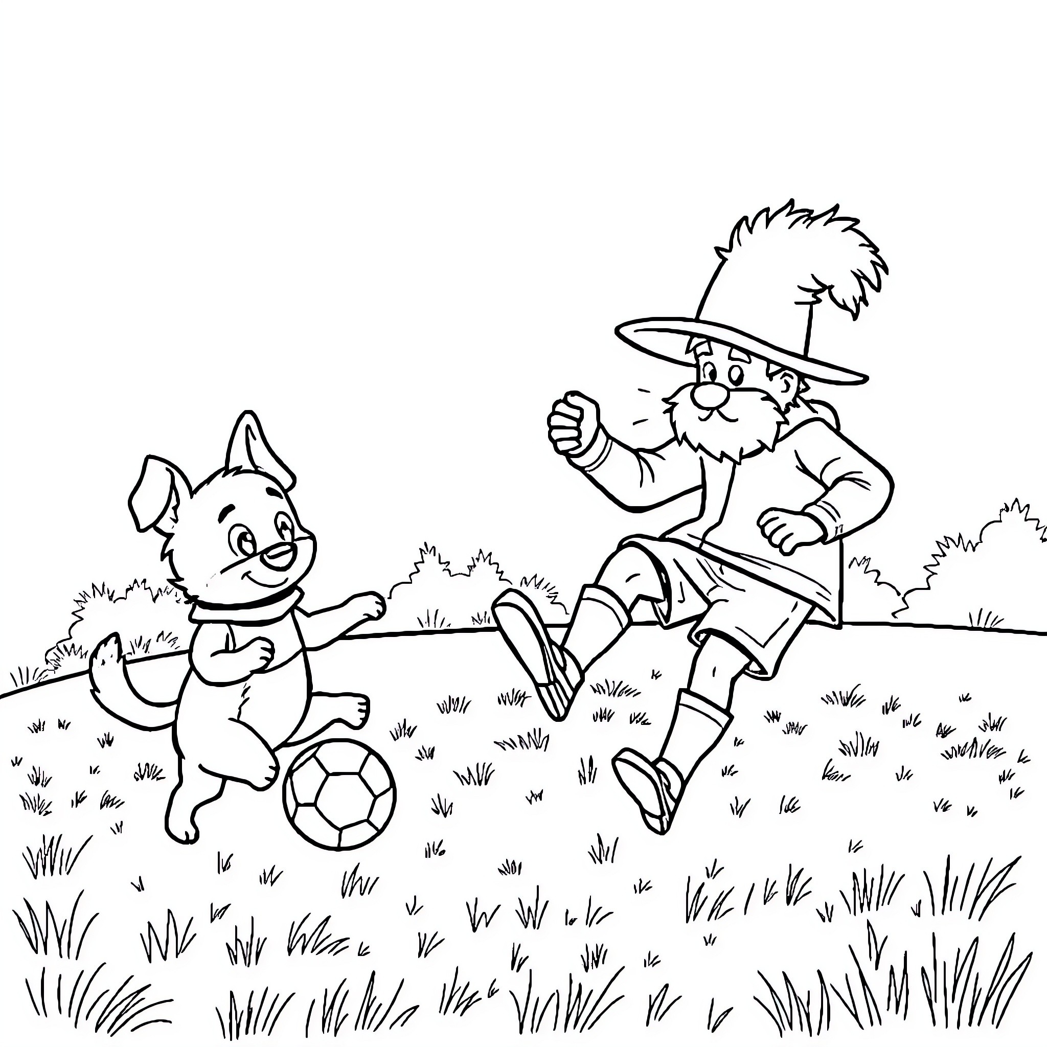 Bluey and friend playing soccer outdoors Coloring Page (free black-and-white line drawing printable PDF for all, from beginners to advanced learners, including children, teens, adults, and seniors)