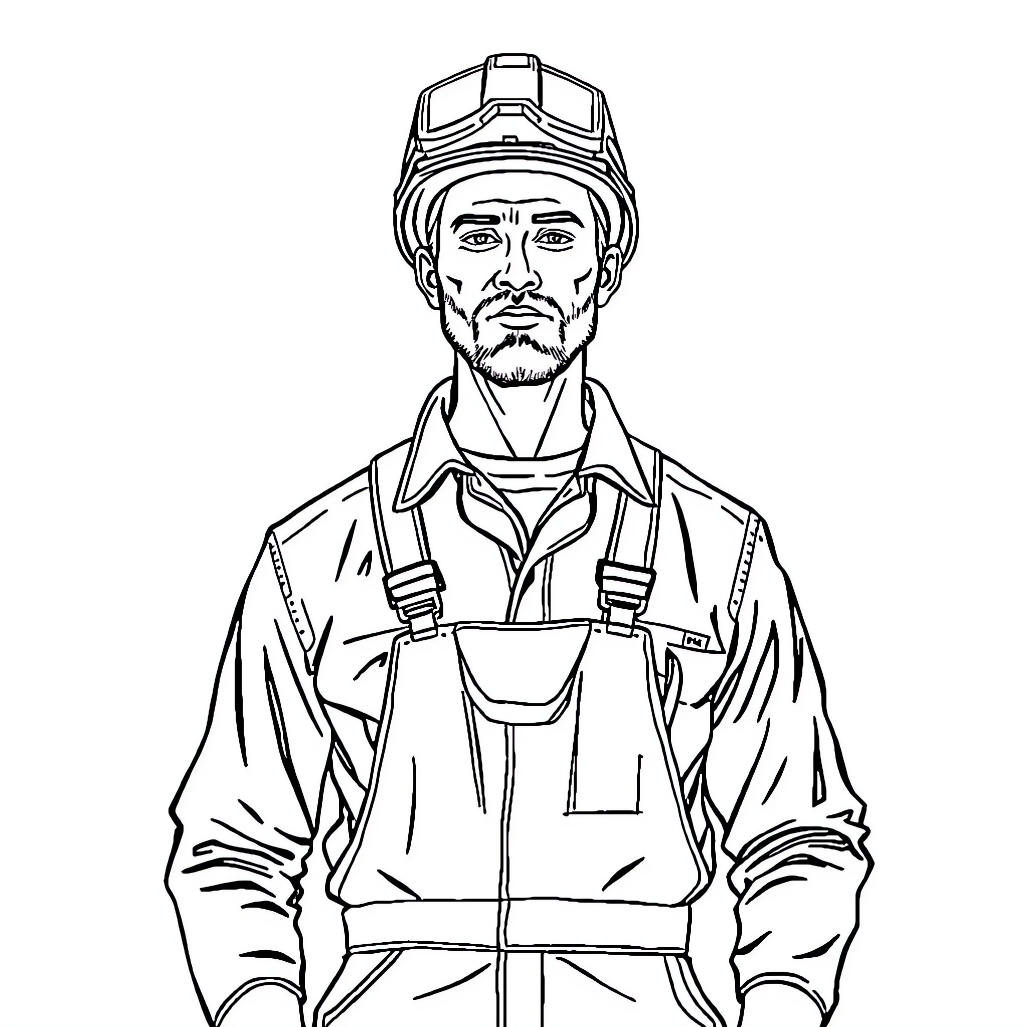 Man in construction worker uniform Coloring Page (free black-and-white line drawing printable PDF for all, from beginners to advanced learners, including children, teens, adults, and seniors)