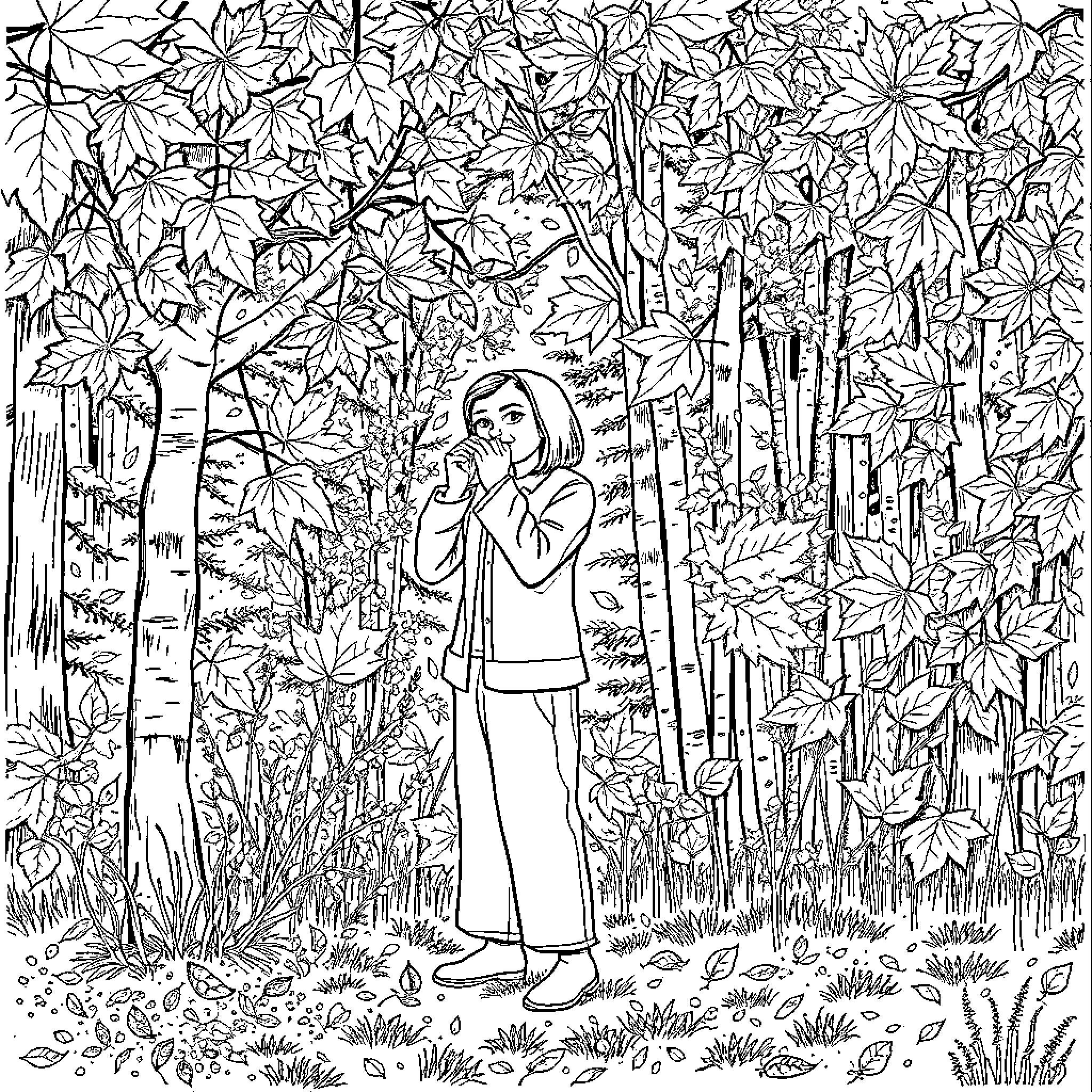 Autumn Stroll Through the Enchanted Forest Coloring Page (free black-and-white line drawing printable PDF for all, from beginners to advanced learners, including children, teens, adults, and seniors)