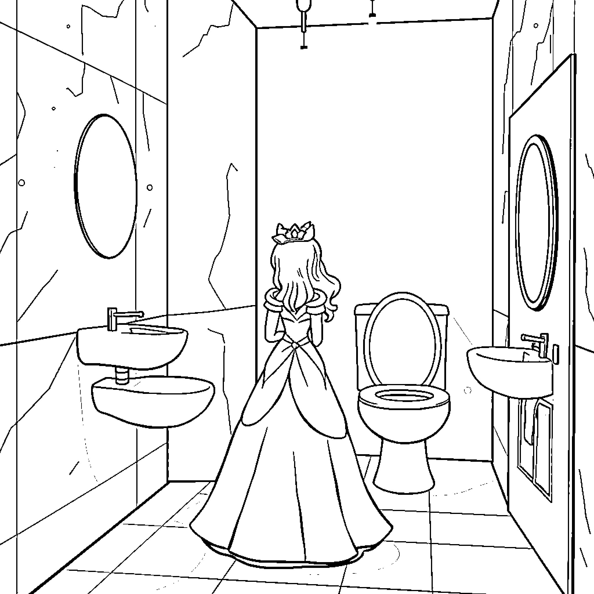 Princess in a Fancy Bathroom Coloring Page (free black-and-white line drawing printable PDF for all, from beginners to advanced learners, including children, teens, adults, and seniors)