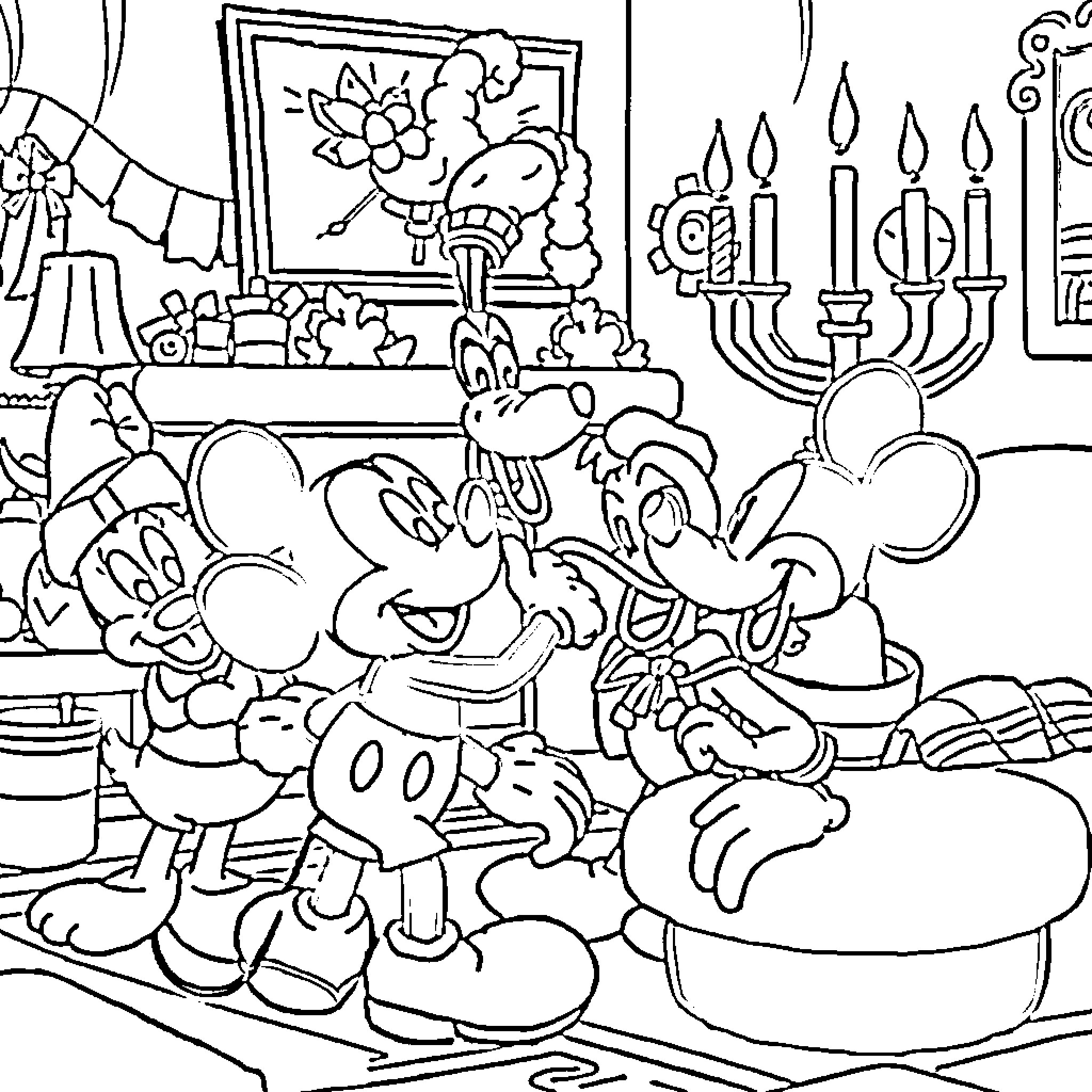 Mickey Mouse and Friends Celebrate the Holidays Coloring Page (free black-and-white line drawing printable PDF for all, from beginners to advanced learners, including children, teens, adults, and seniors)