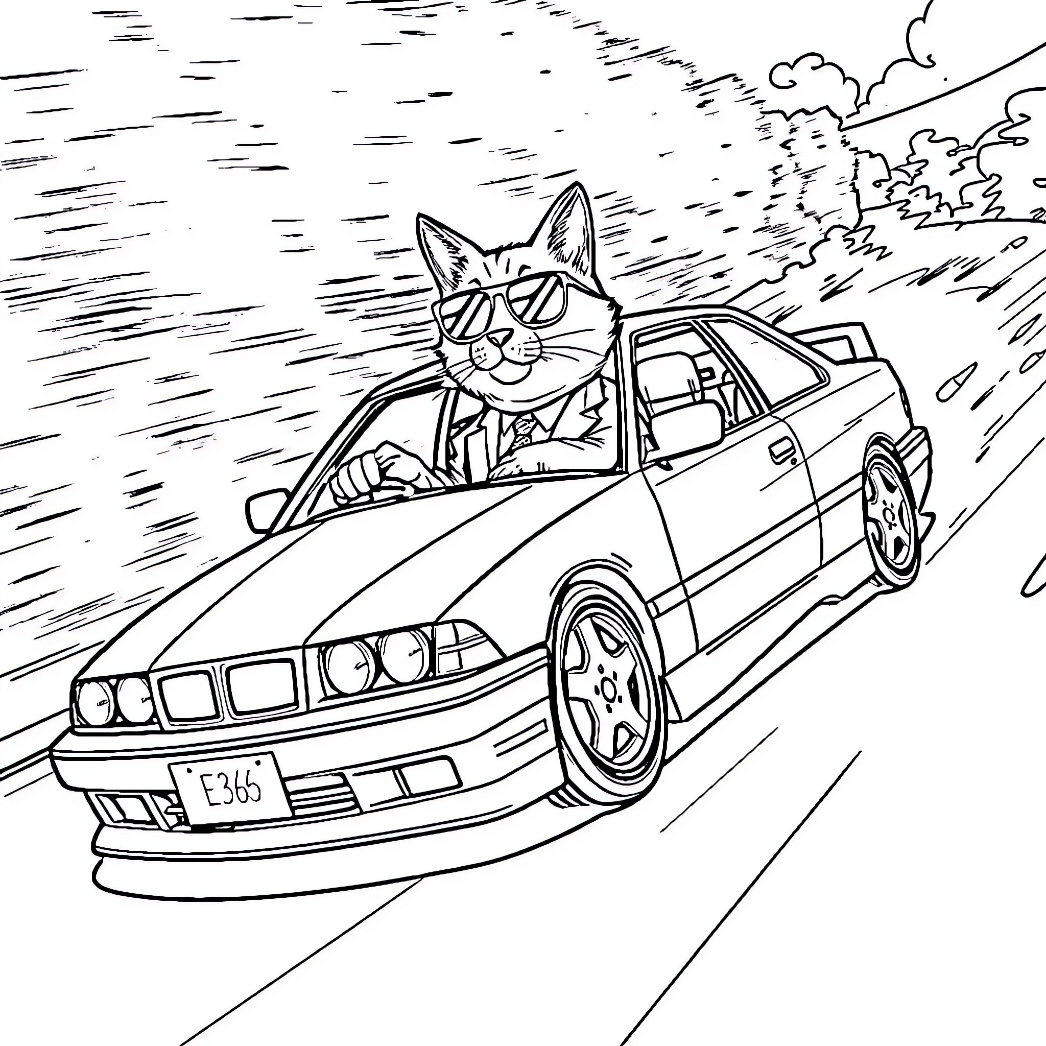 Car with Feline Driver Speeding Through Stormy Landscape Coloring Page (free black-and-white line drawing printable PDF for all, from beginners to advanced learners, including children, teens, adults, and seniors)