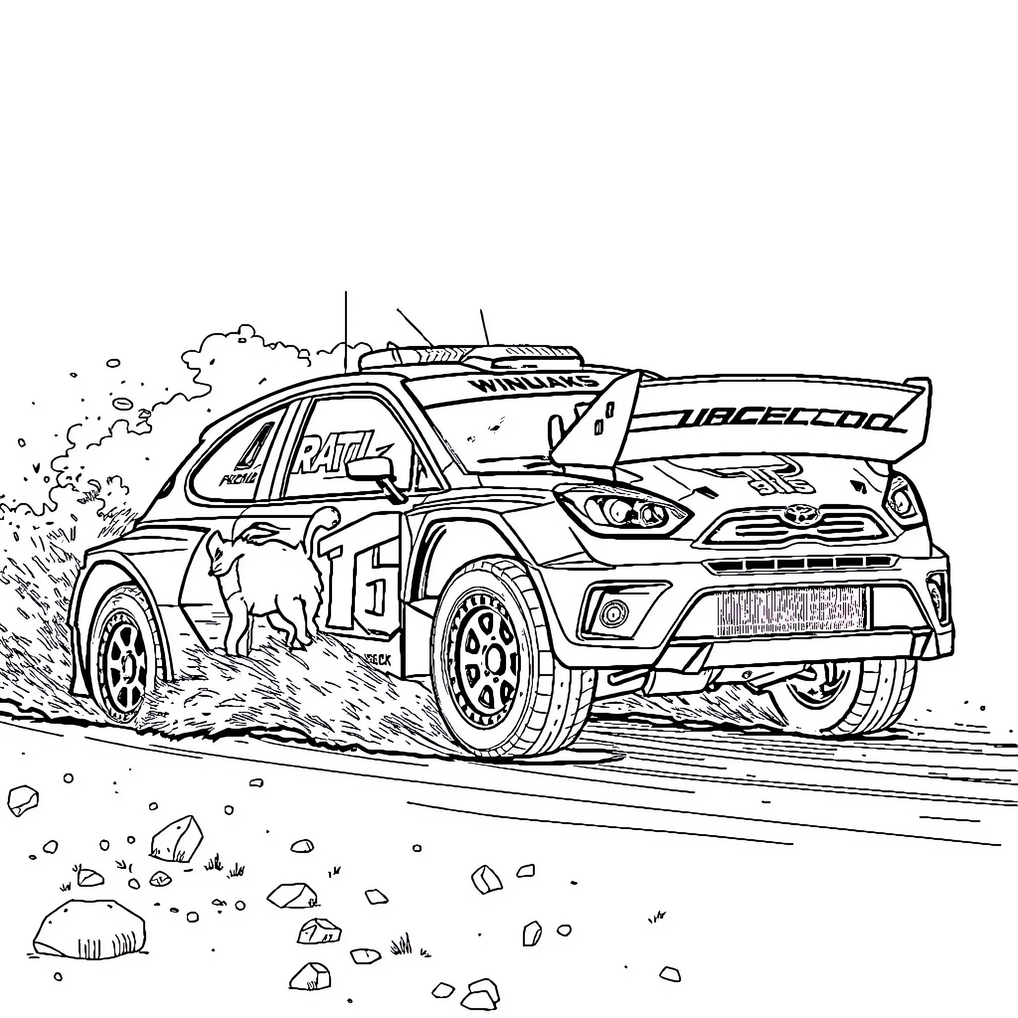 Rally Car Speeding Through Rough Terrain Coloring Page (free black-and-white line drawing printable PDF for all, from beginners to advanced learners, including children, teens, adults, and seniors)