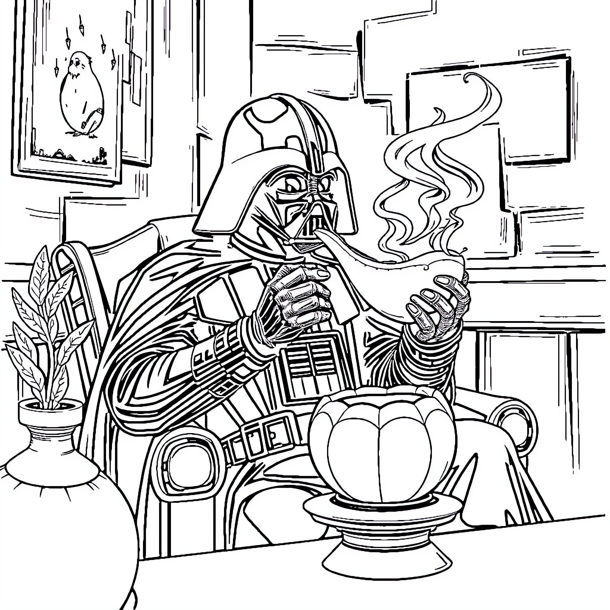 Darth Vader contemplating the Dark Side Coloring Page (free black-and-white line drawing printable PDF for all, from beginners to advanced learners, including children, teens, adults, and seniors)