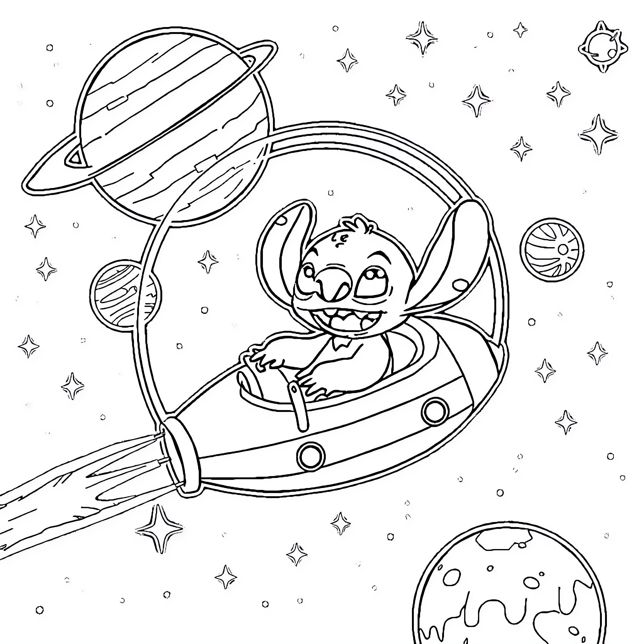 Lilo exploring the cosmic wonders in her spaceship Coloring Page (free black-and-white line drawing printable PDF for all, from beginners to advanced learners, including children, teens, adults, and seniors)
