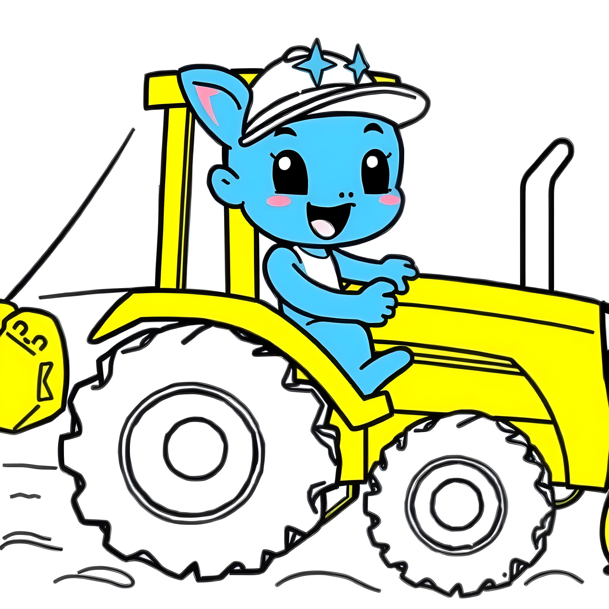 Bluey driving a tractor with excitement Coloring Page (free black-and-white line drawing printable PDF for all, from beginners to advanced learners, including children, teens, adults, and seniors)
