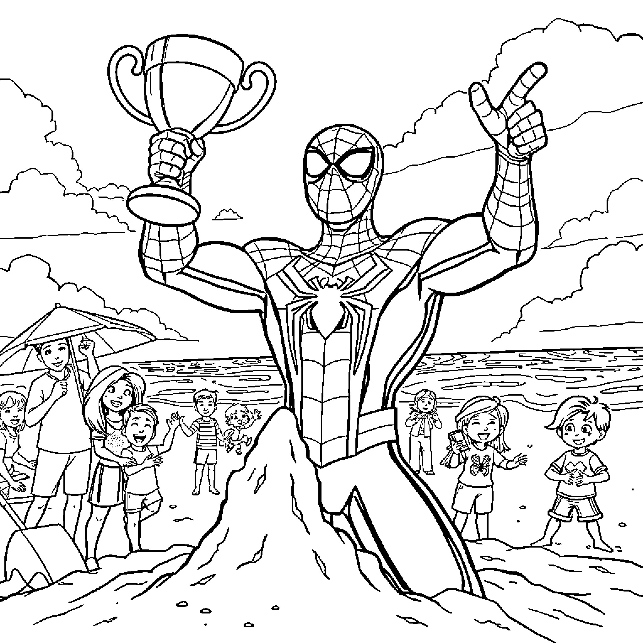 Spiderman Celebrates Victory with Trophy at the Beach Coloring Page (free black-and-white line drawing printable PDF for all, from beginners to advanced learners, including children, teens, adults, and seniors)