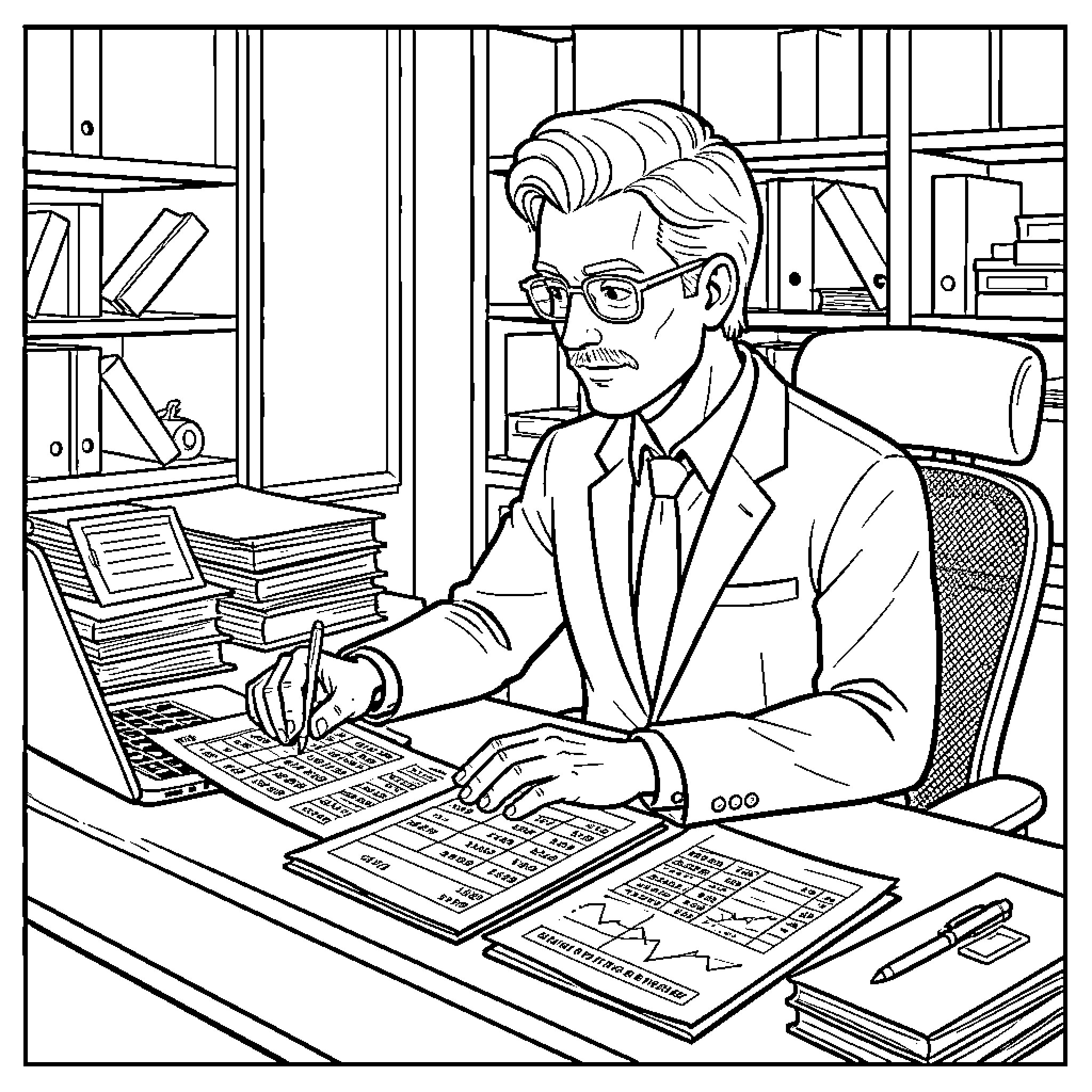 Accountant diligently working on financial records in office Coloring Page (free black-and-white line drawing printable PDF for all, from beginners to advanced learners, including children, teens, adults, and seniors)