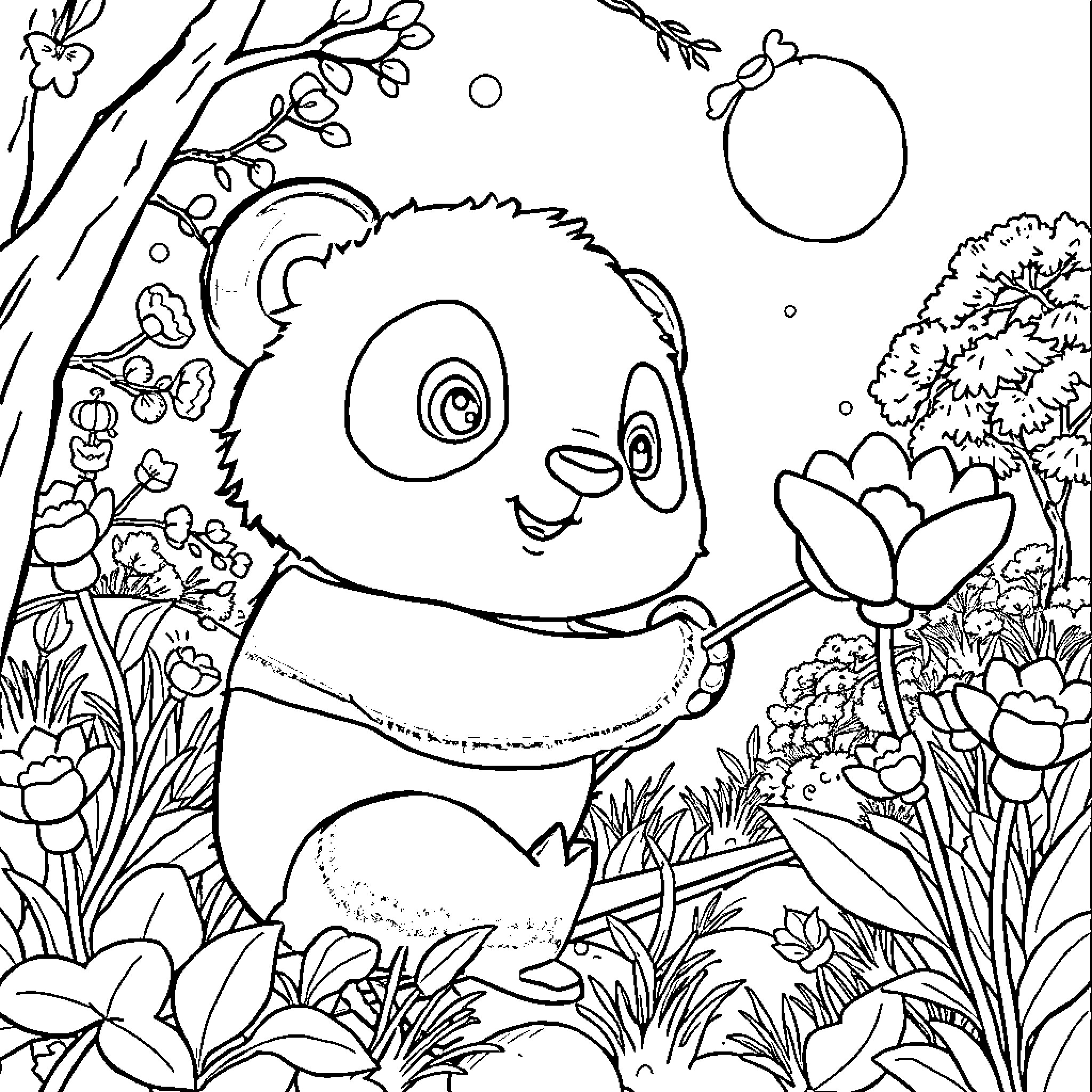 Panda exploring a floral garden Coloring Page (free black-and-white line drawing printable PDF for all, from beginners to advanced learners, including children, teens, adults, and seniors)