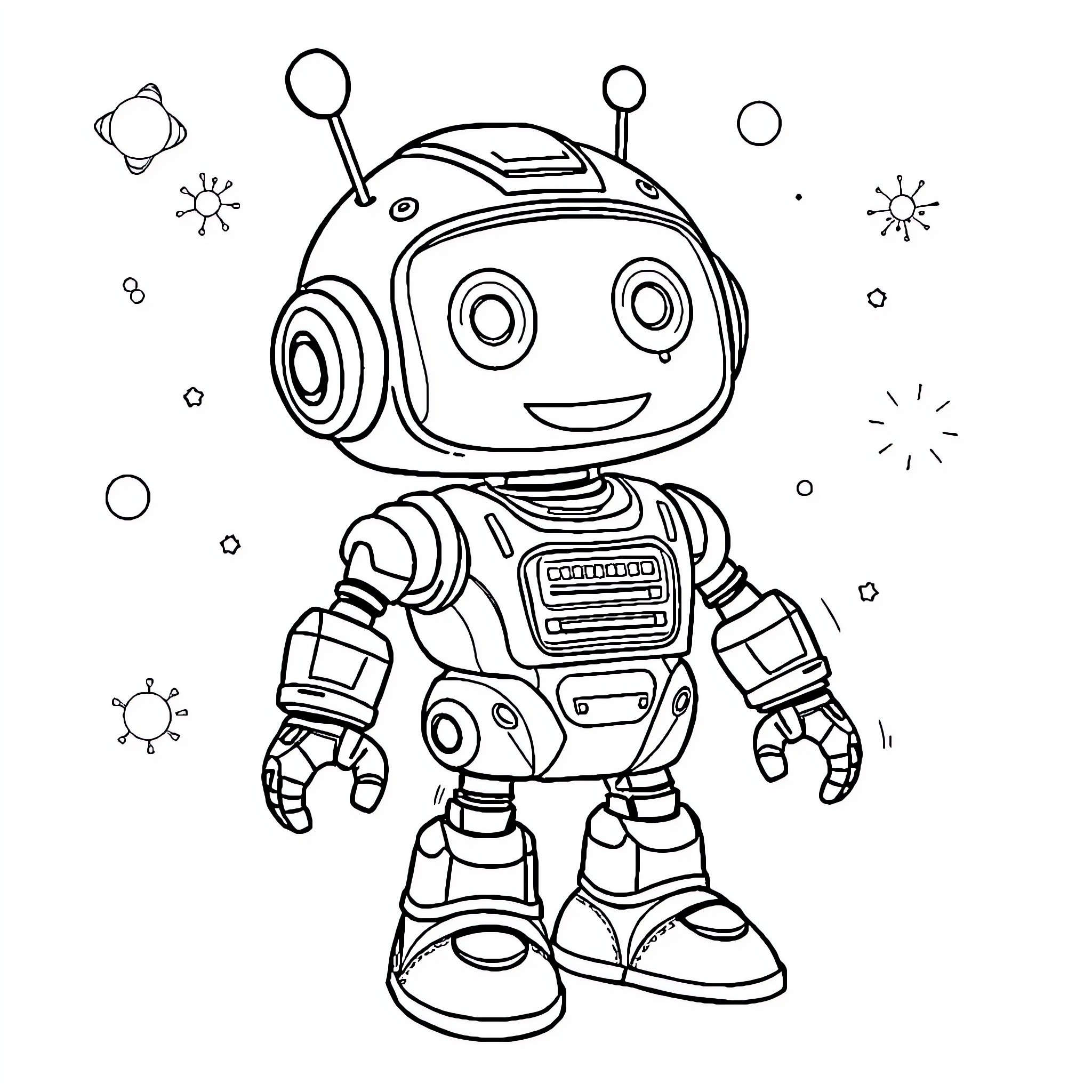 Atomi Robot's Cheerful Adventure in Space Coloring Page (free black-and-white line drawing printable PDF for all, from beginners to advanced learners, including children, teens, adults, and seniors)