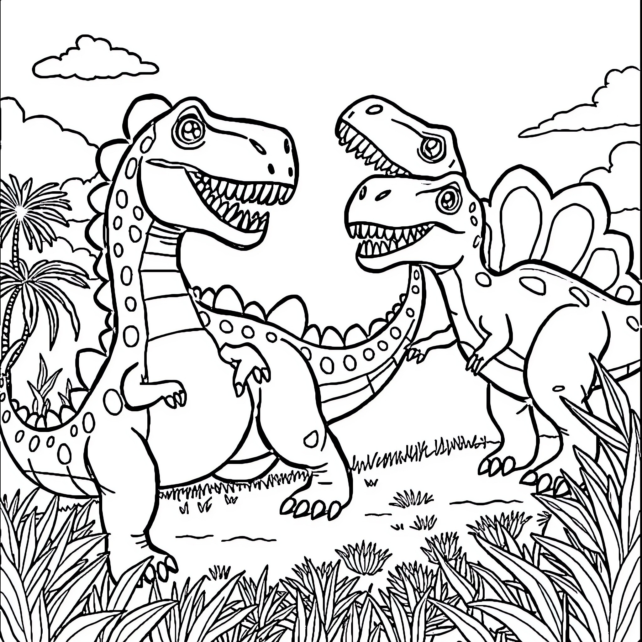 Dinosaurs battling fiercely in prehistoric landscape Coloring Page (free black-and-white line drawing printable PDF for all, from beginners to advanced learners, including children, teens, adults, and seniors)
