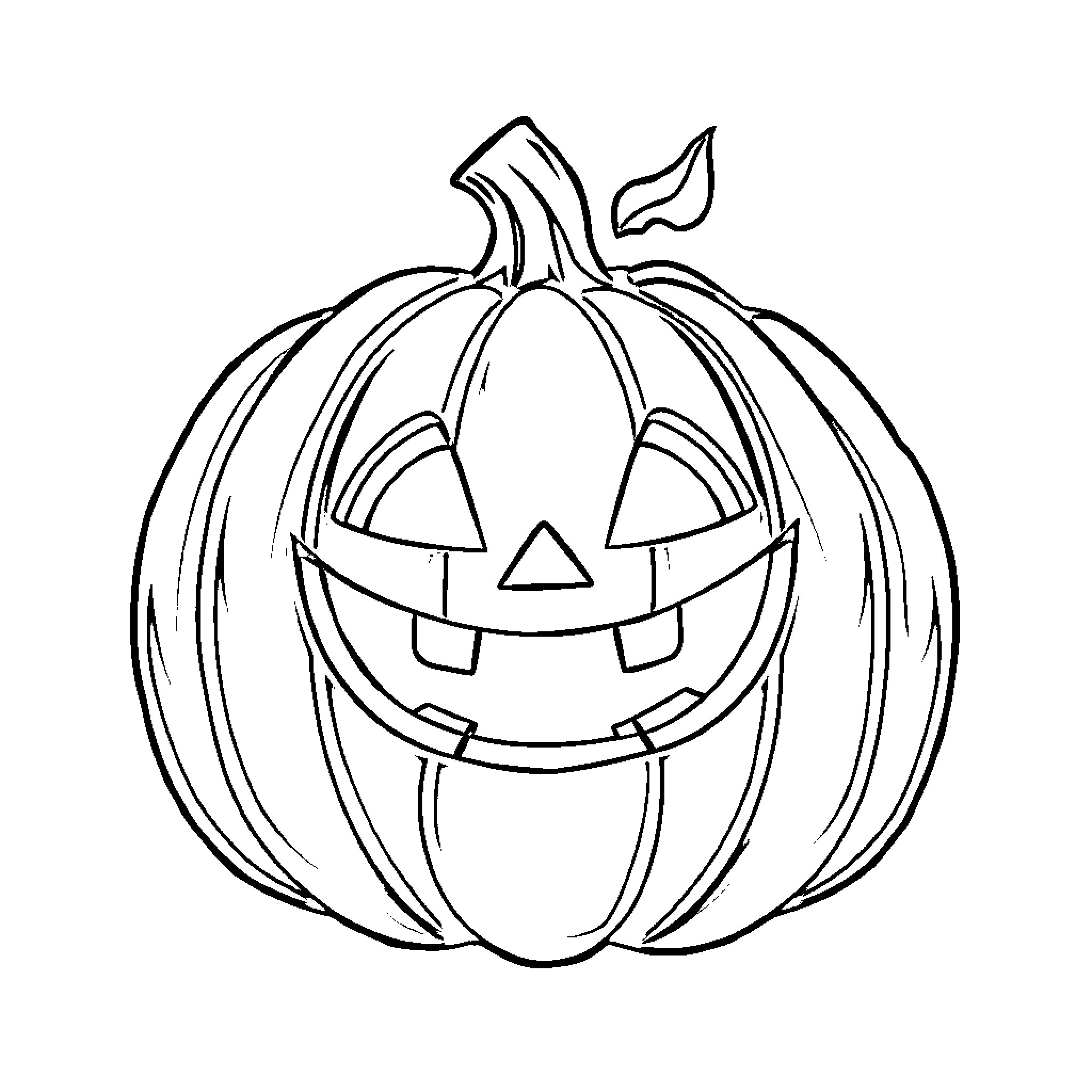 Jack-o'-lantern with a happy expression Coloring Page (free black-and-white line drawing printable PDF for all, from beginners to advanced learners, including children, teens, adults, and seniors)