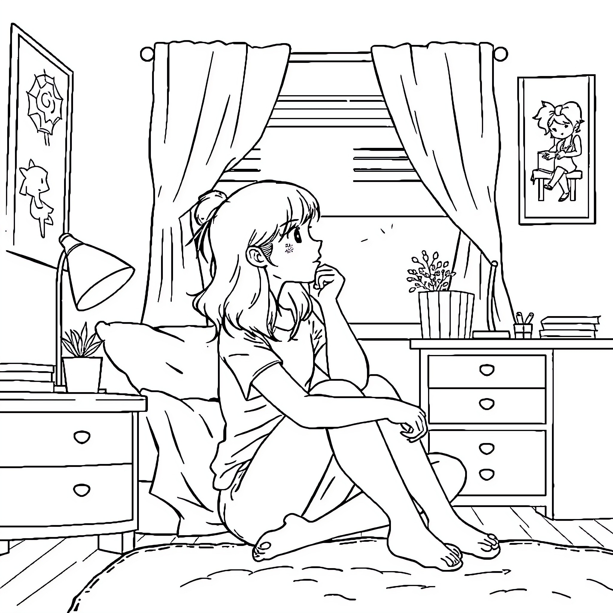 Teen girl contemplating in her bedroom Coloring Page (free black-and-white line drawing printable PDF for all, from beginners to advanced learners, including children, teens, adults, and seniors)