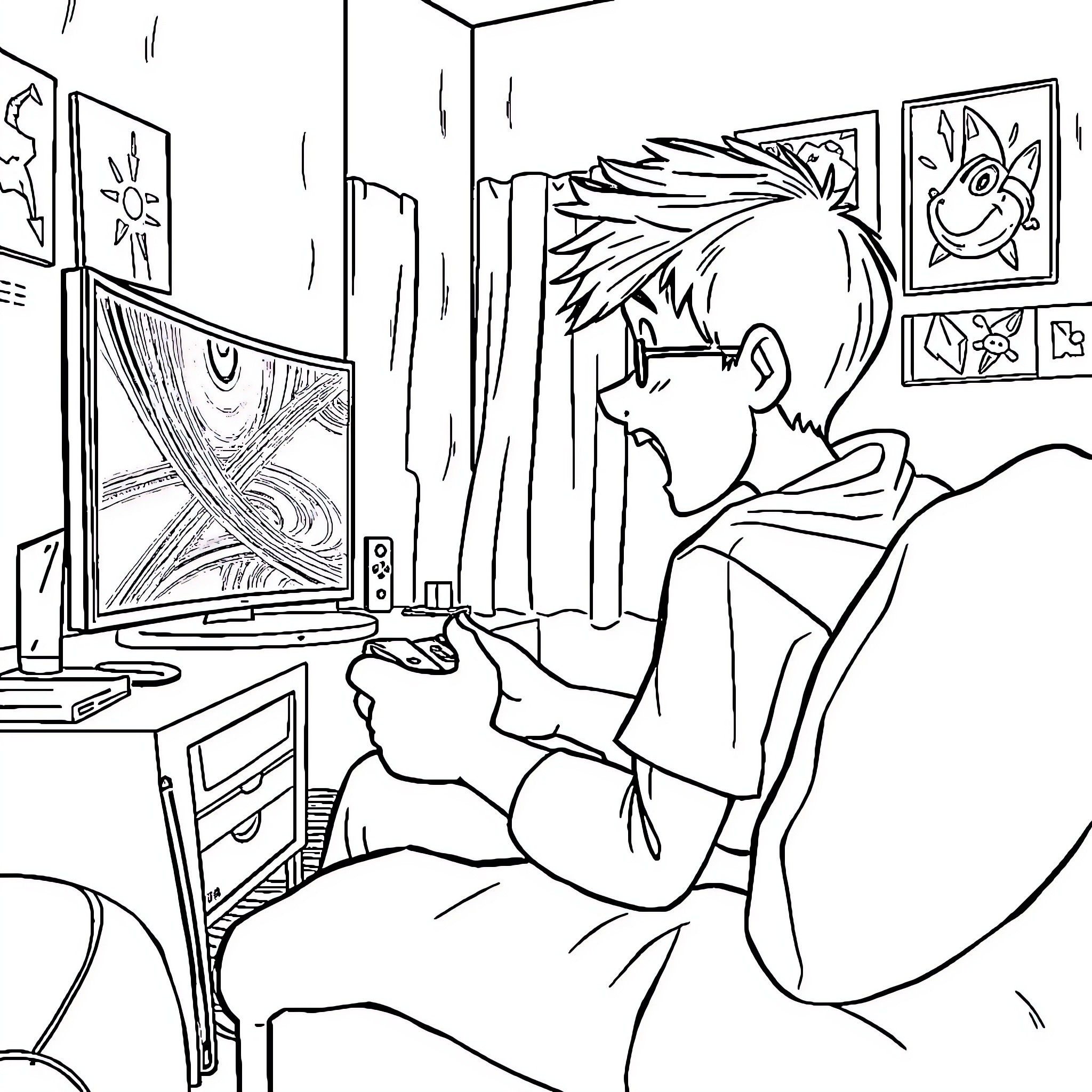 Boy playing video games in his room Coloring Page (free black-and-white line drawing printable PDF for all, from beginners to advanced learners, including children, teens, adults, and seniors)