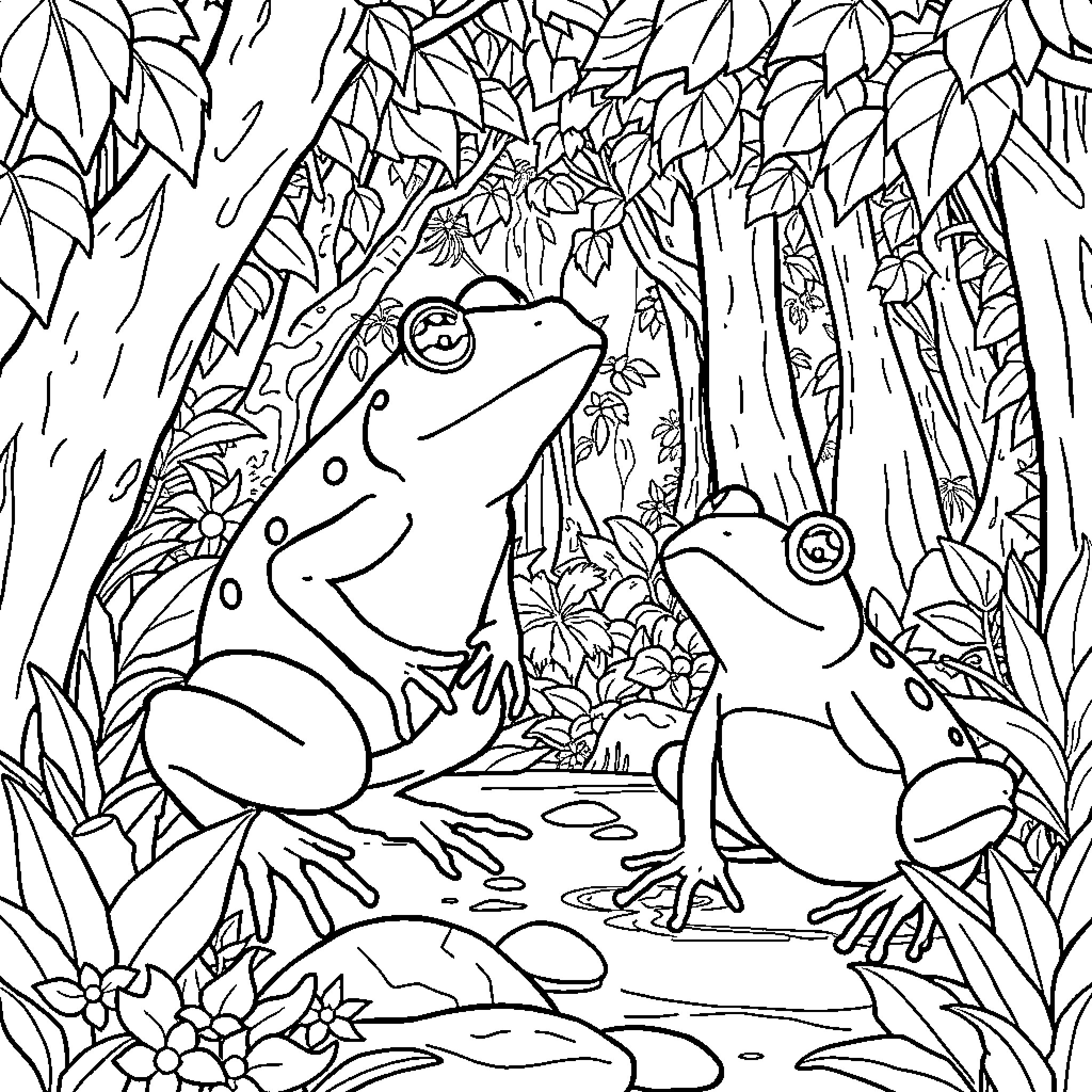 Frogs Resting in Lush Forest Coloring Page (free black-and-white line drawing printable PDF for all, from beginners to advanced learners, including children, teens, adults, and seniors)