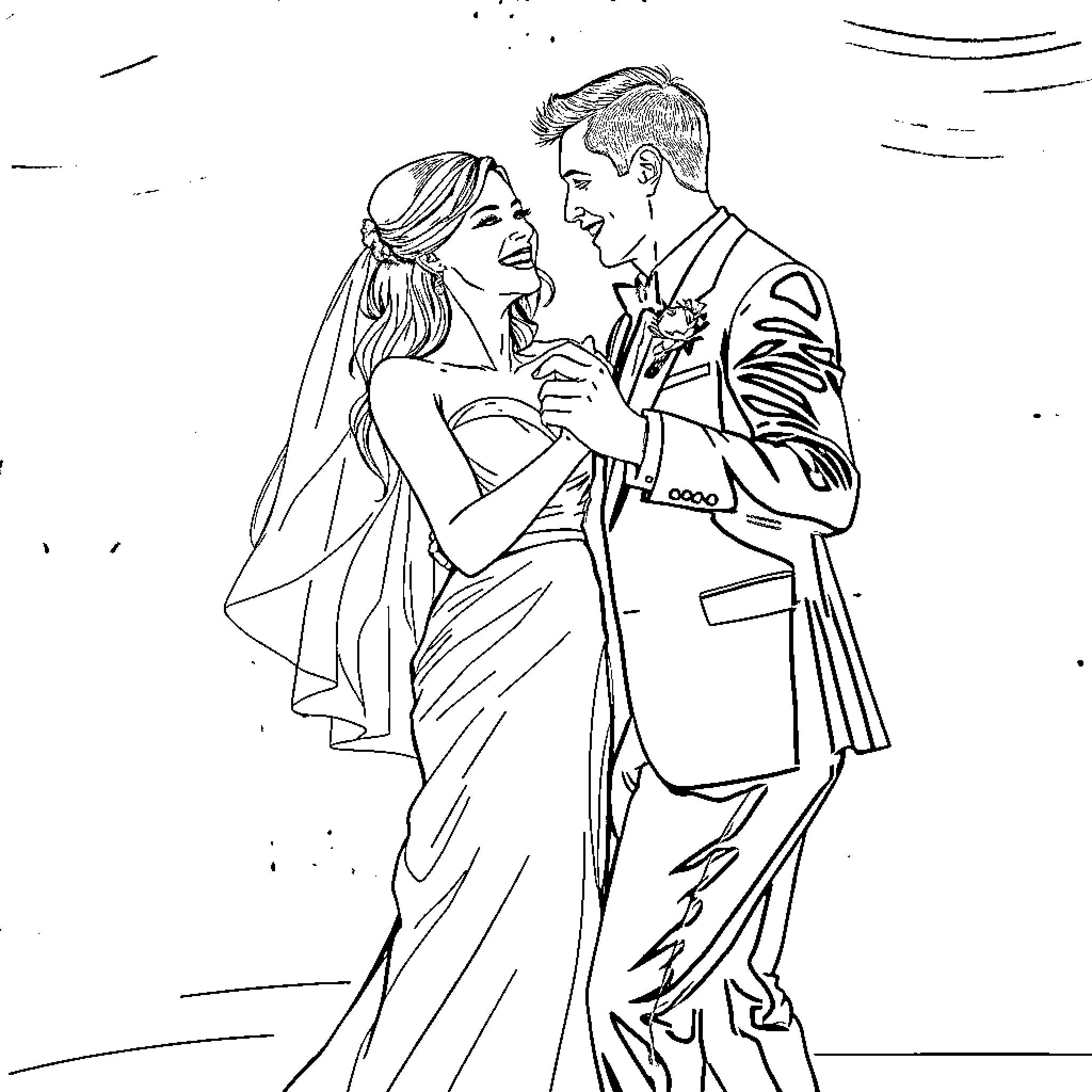 Bride and Groom Celebrating Joyful Union Coloring Page (free black-and-white line drawing printable PDF for all, from beginners to advanced learners, including children, teens, adults, and seniors)