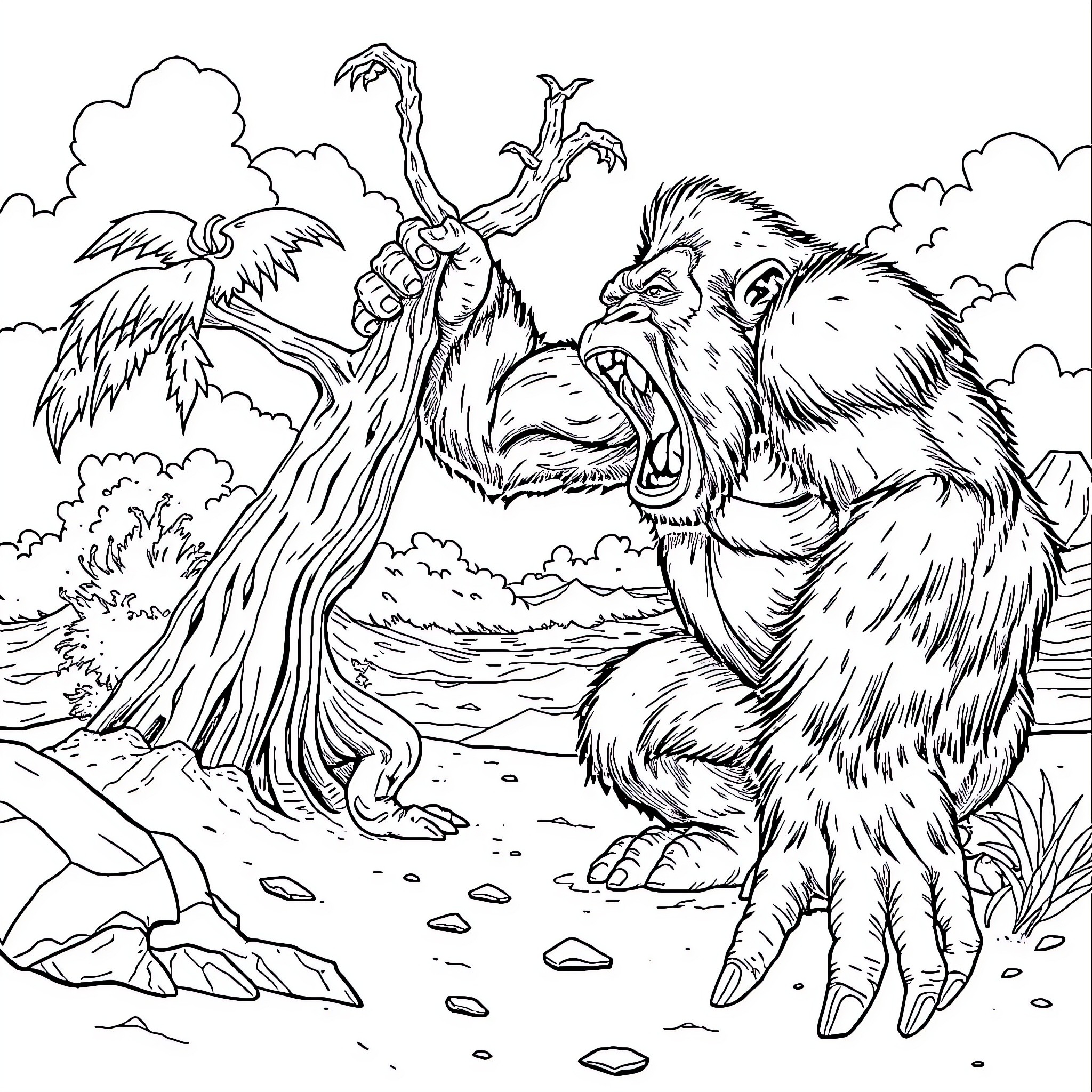 King Kong roaring and clawing at a tree in the jungle Coloring Page (free black-and-white line drawing printable PDF for all, from beginners to advanced learners, including children, teens, adults, and seniors)