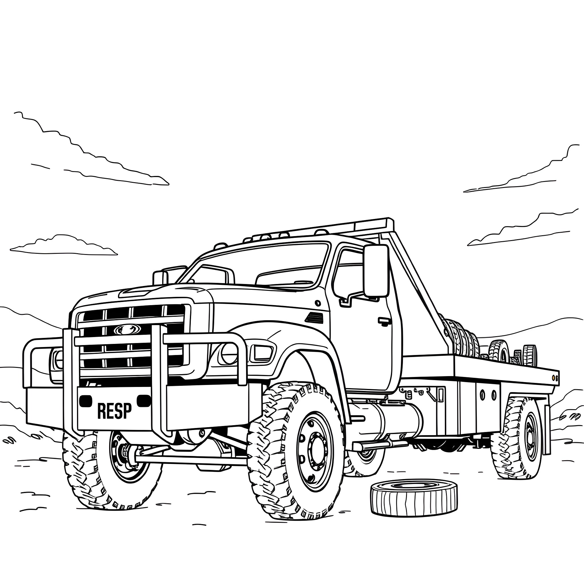 Wrecker truck assisting with vehicle recovery in rugged terrain Coloring Page (free black-and-white line drawing printable PDF for all, from beginners to advanced learners, including children, teens, adults, and seniors)