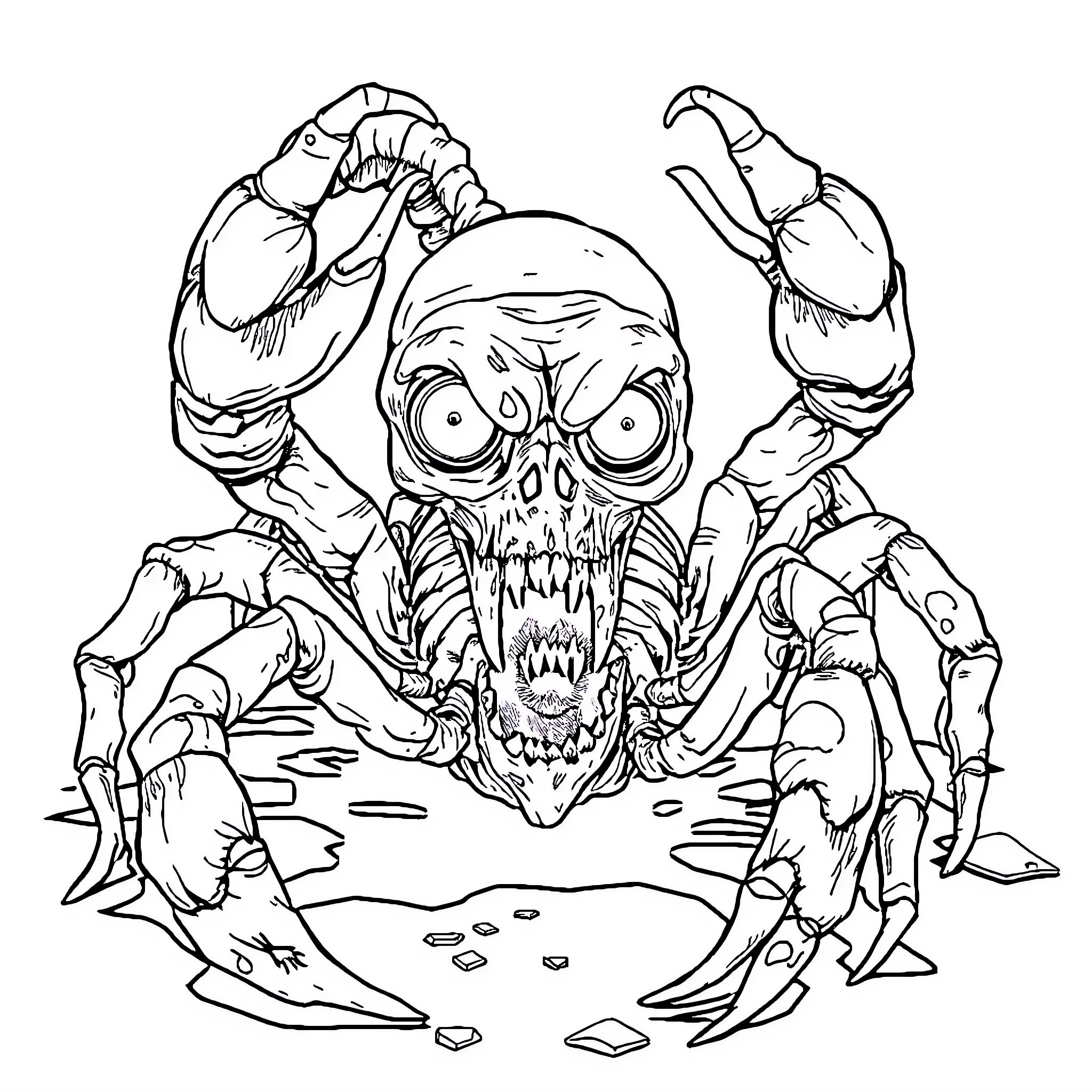 Scorpion monster with distorted features and claws Coloring Page (free black-and-white line drawing printable PDF for all, from beginners to advanced learners, including children, teens, adults, and seniors)