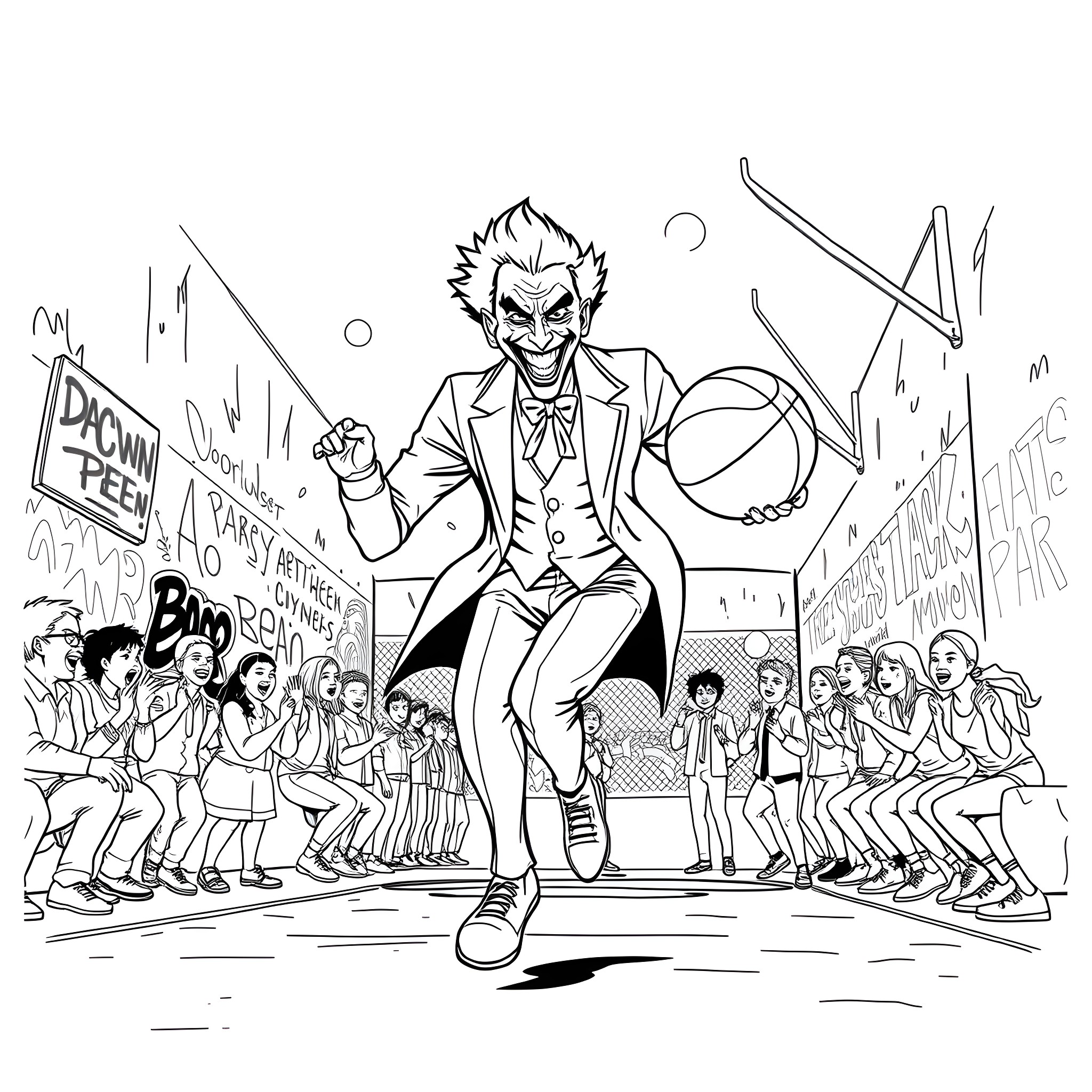 Joker leading a crowd with playful antics Coloring Page (free black-and-white line drawing printable PDF for all, from beginners to advanced learners, including children, teens, adults, and seniors)