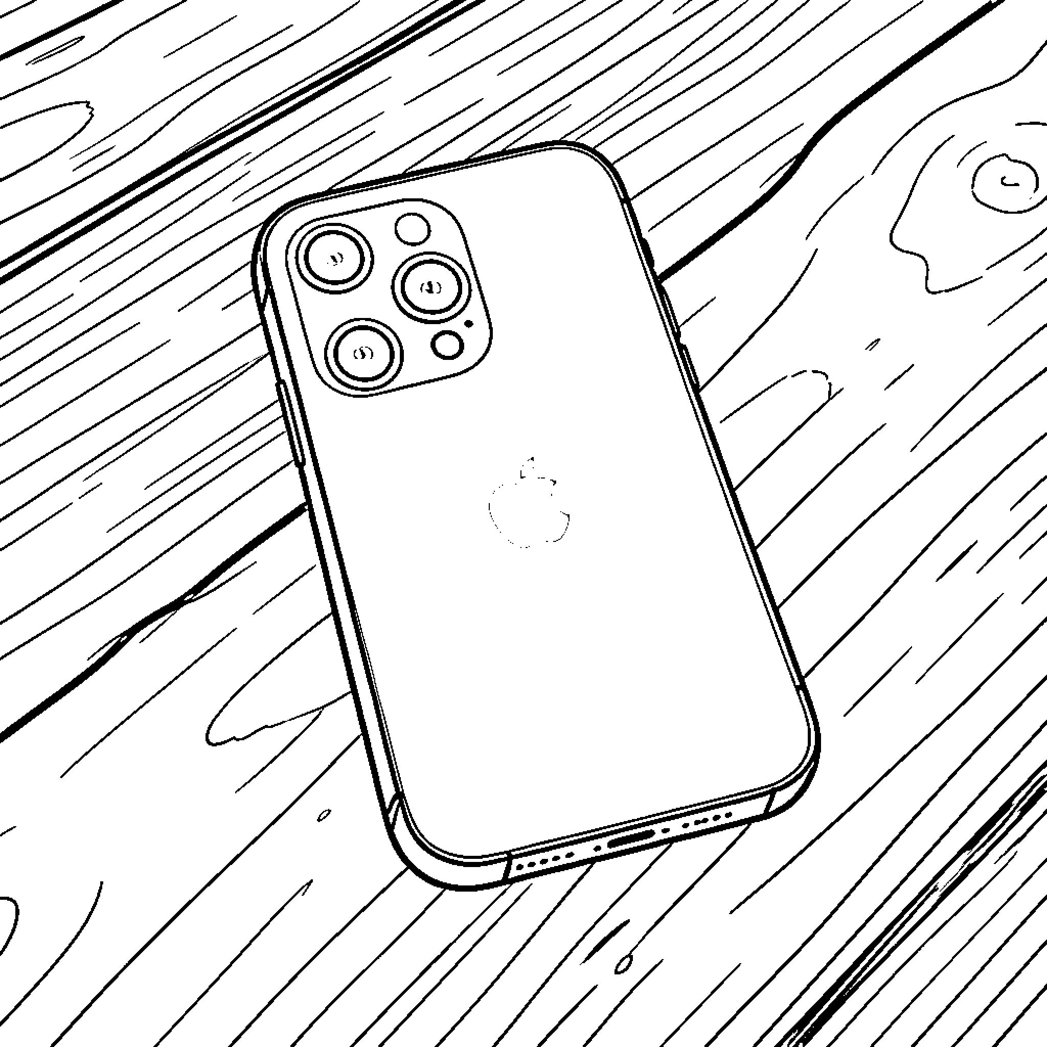 iPhone resting on a wooden surface Coloring Page (free black-and-white line drawing printable PDF for all, from beginners to advanced learners, including children, teens, adults, and seniors)