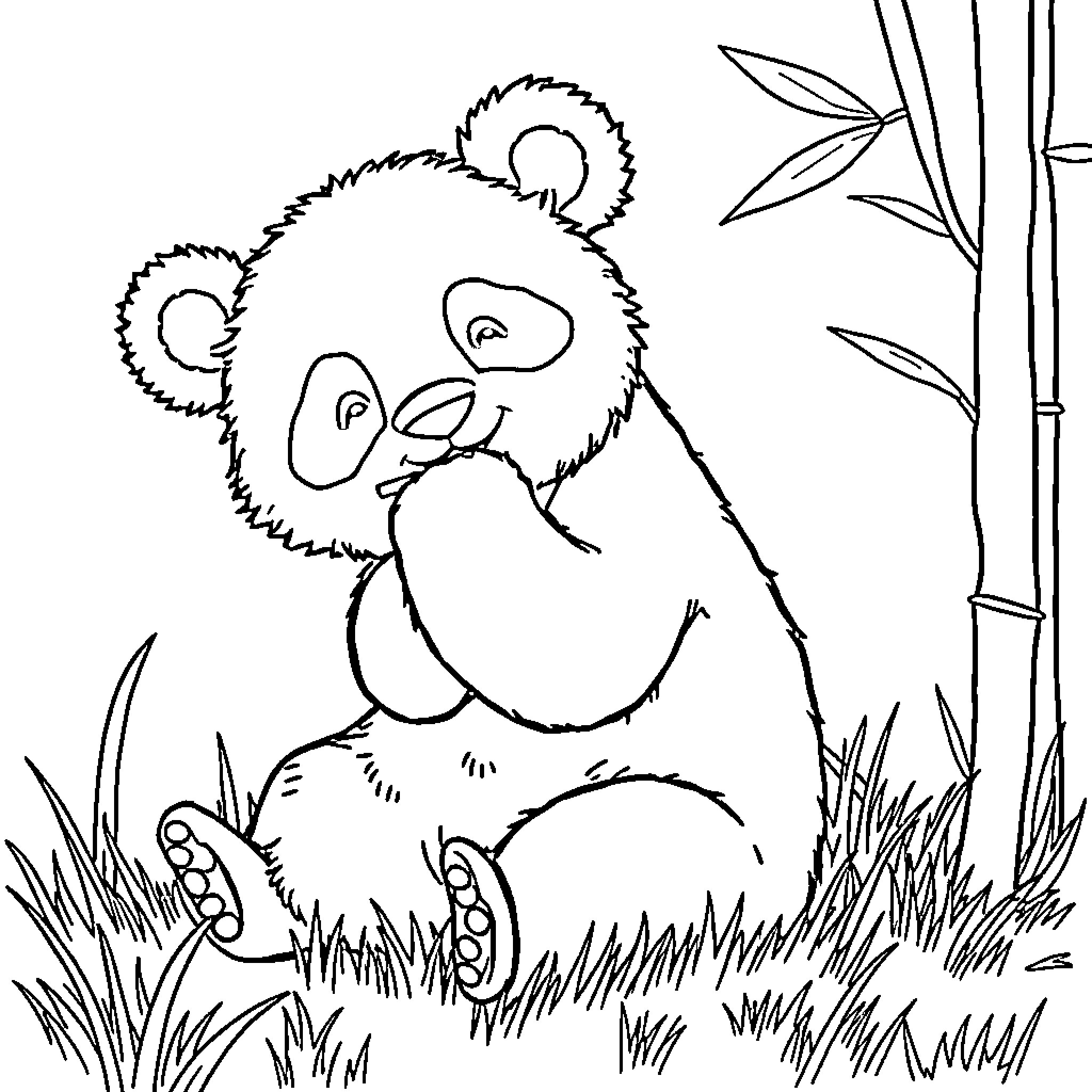 Panda relaxing in the bamboo forest Coloring Page (free black-and-white line drawing printable PDF for all, from beginners to advanced learners, including children, teens, adults, and seniors)