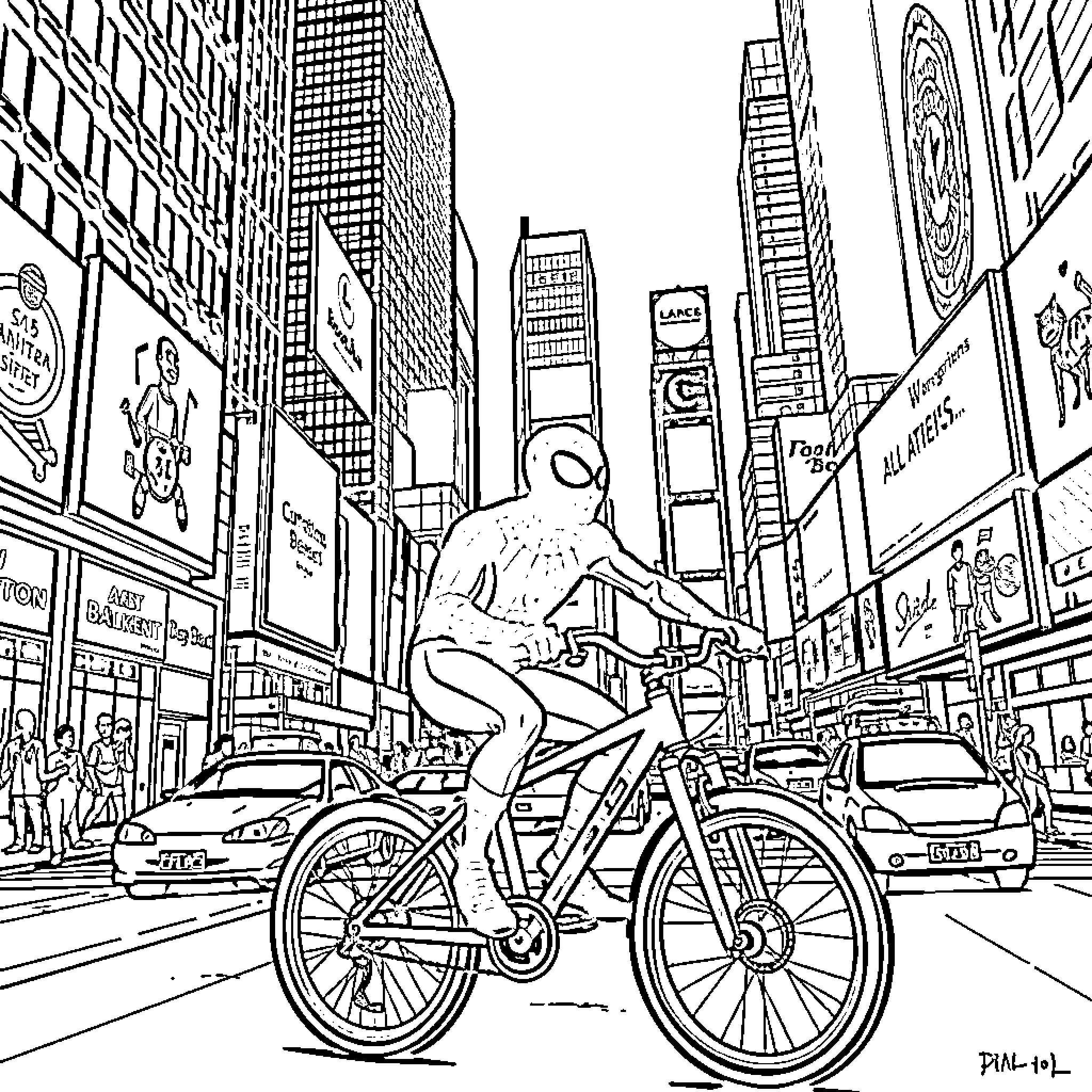 Spider-Man Bicycling Through Bustling City Streets Coloring Page (free black-and-white line drawing printable PDF for all, from beginners to advanced learners, including children, teens, adults, and seniors)