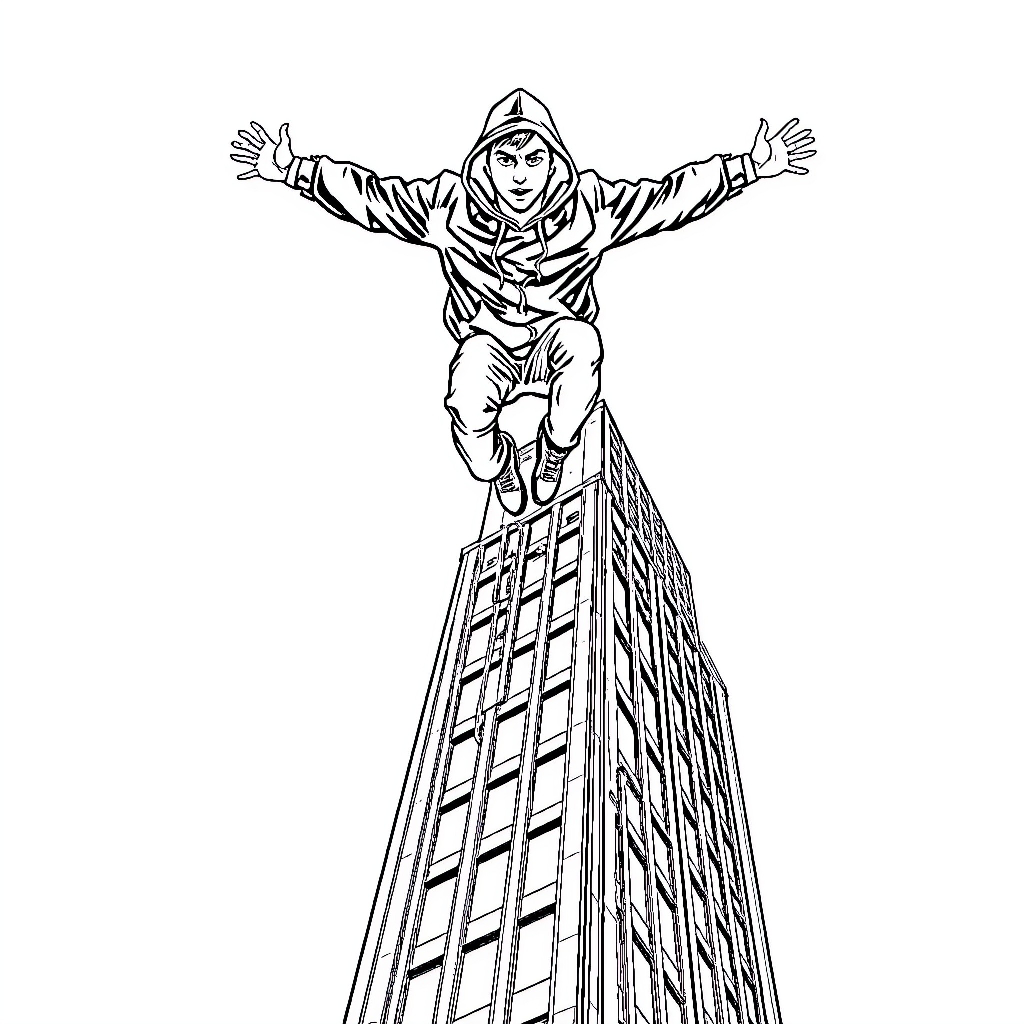 Man jumping enthusiastically off tall building Coloring Page (free black-and-white line drawing printable PDF for all, from beginners to advanced learners, including children, teens, adults, and seniors)