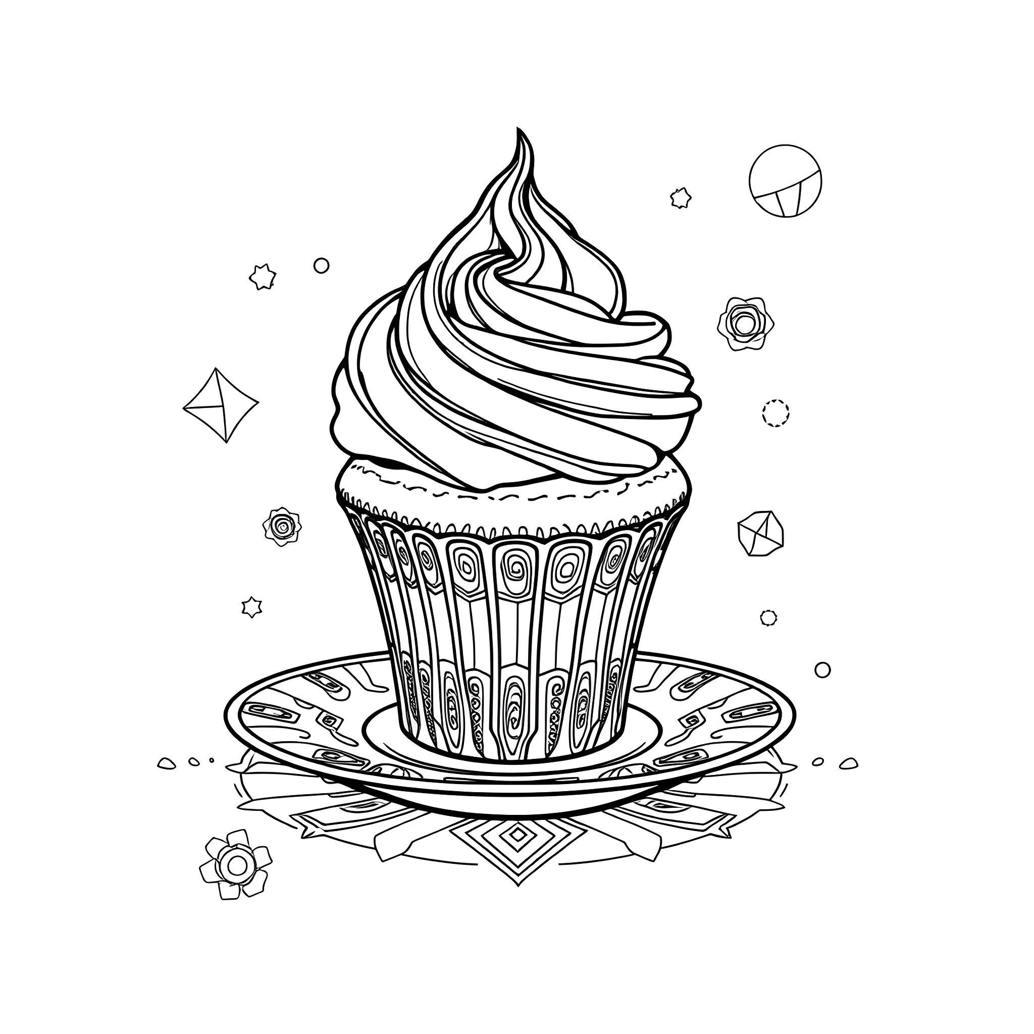 Cupcake with decorative swirl and geometric elements Coloring Page (free black-and-white line drawing printable PDF for all, from beginners to advanced learners, including children, teens, adults, and seniors)