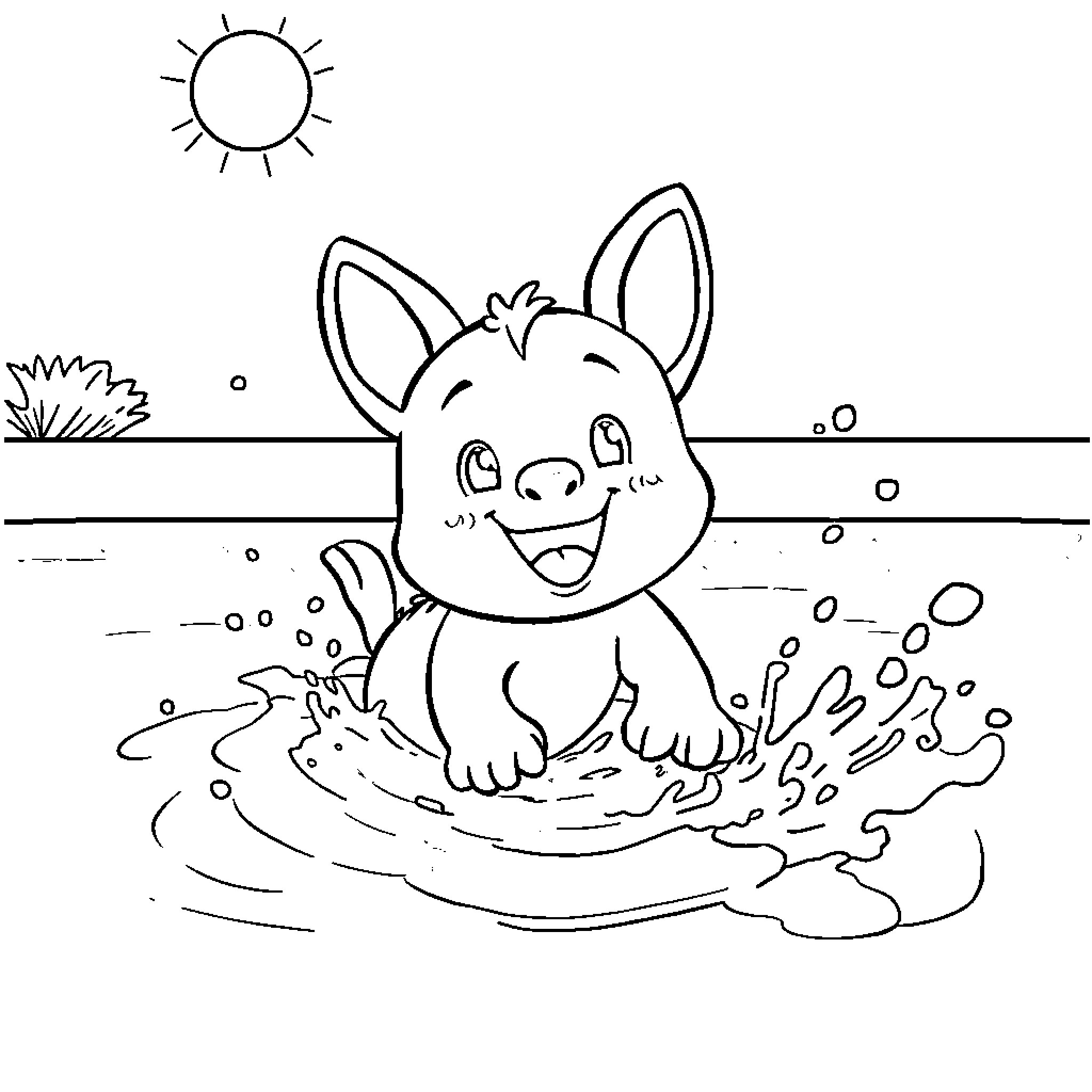 Bluey playing happily in the mud Coloring Page (free black-and-white line drawing printable PDF for all, from beginners to advanced learners, including children, teens, adults, and seniors)
