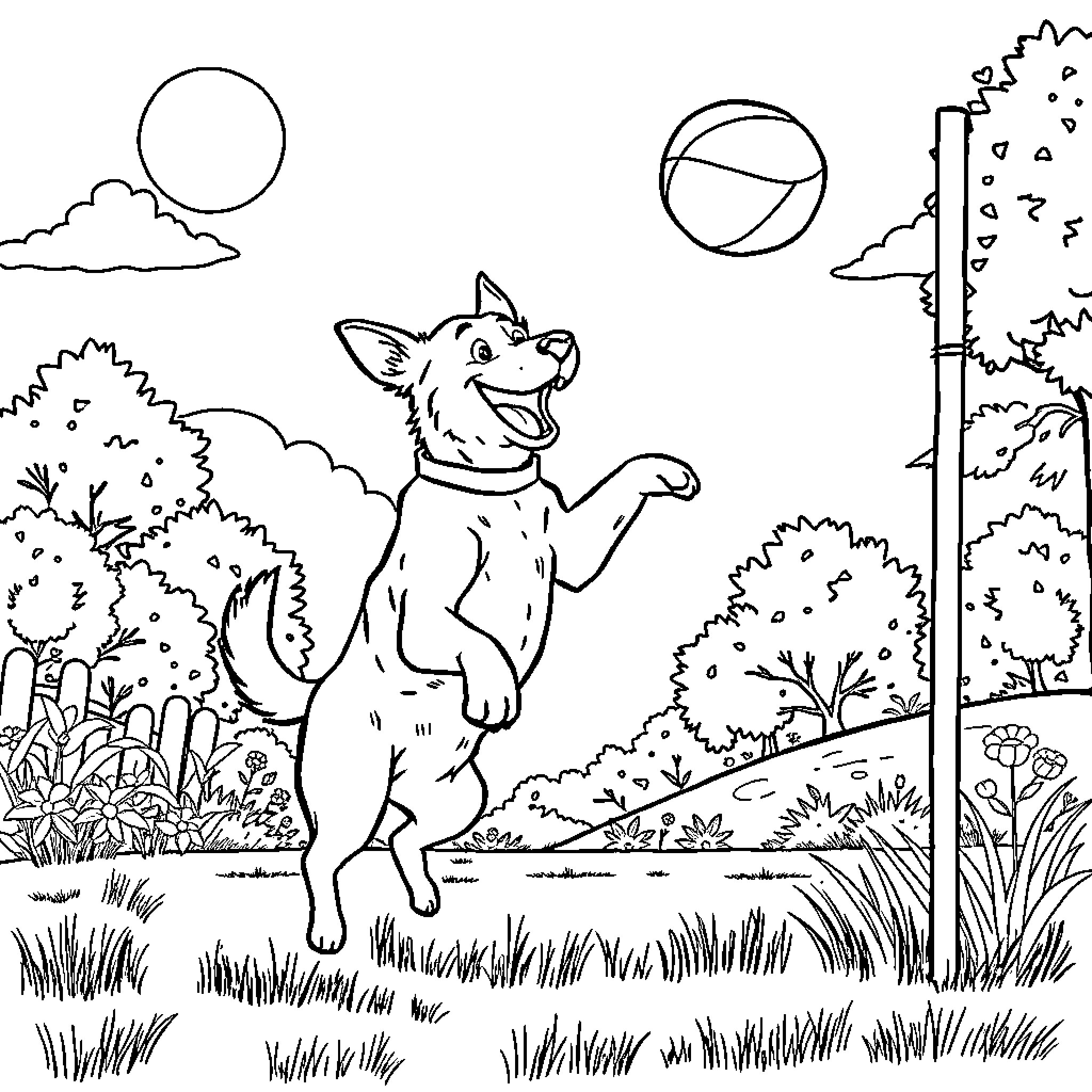 Dog playing energetically in the park Coloring Page (free black-and-white line drawing printable PDF for all, from beginners to advanced learners, including children, teens, adults, and seniors)