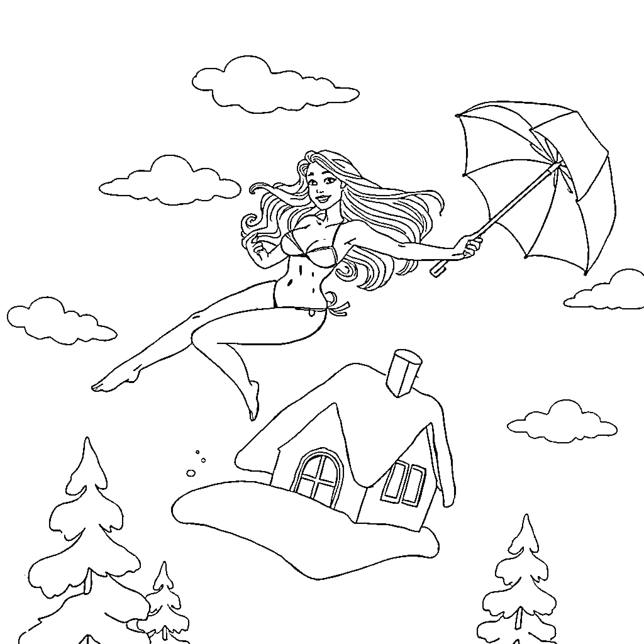 Bikini Babe Enjoying the Outdoors with Umbrella Coloring Page (free black-and-white line drawing printable PDF for all, from beginners to advanced learners, including children, teens, adults, and seniors)
