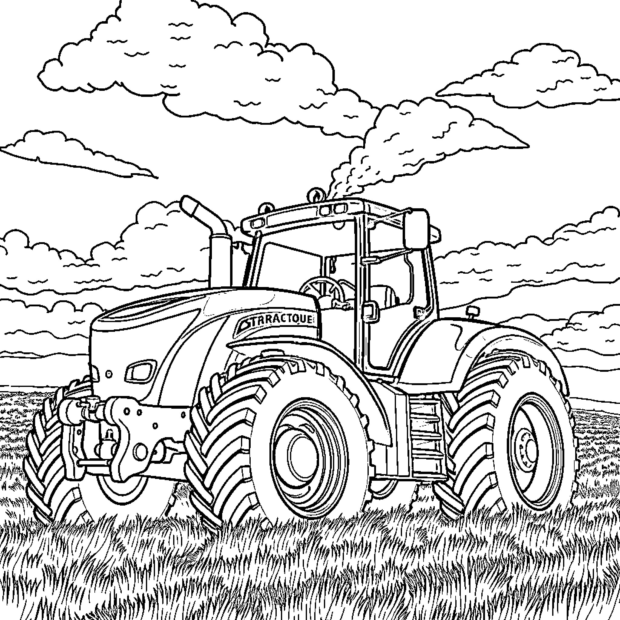 Tractor plowing through a field under cloudy skies Coloring Page (free black-and-white line drawing printable PDF for all, from beginners to advanced learners, including children, teens, adults, and seniors)