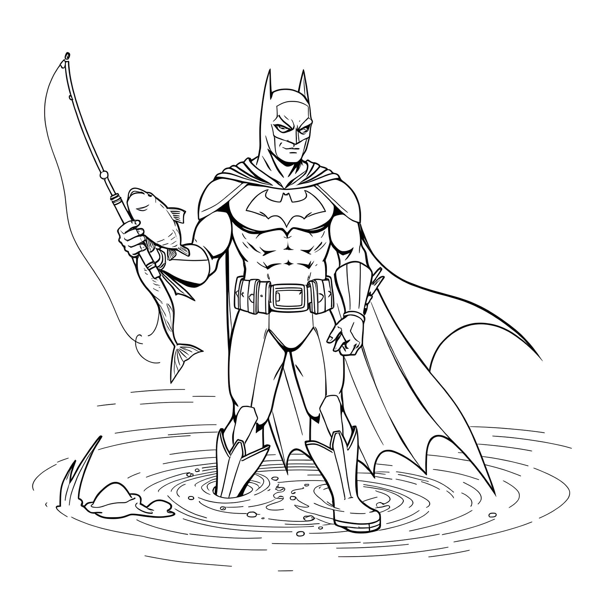 Batman standing in water, ready for action Coloring Page (free black-and-white line drawing printable PDF for all, from beginners to advanced learners, including children, teens, adults, and seniors)