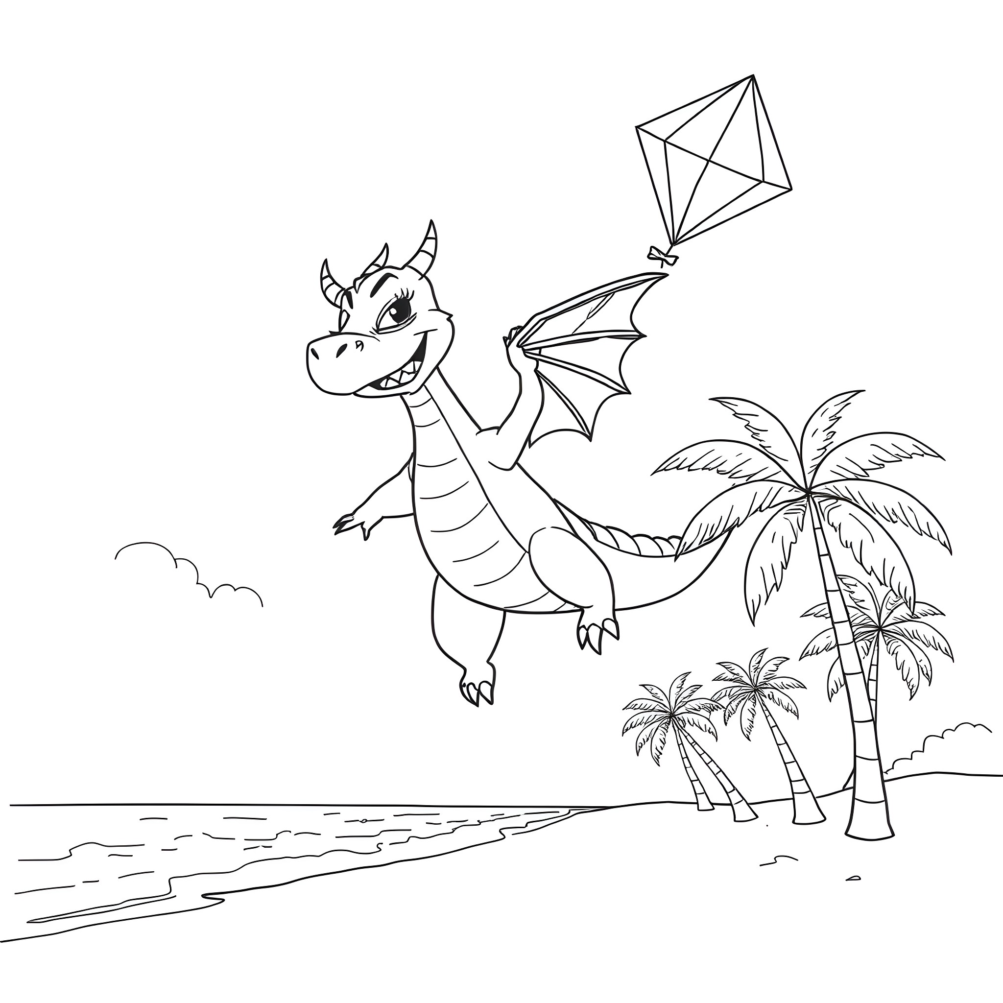 Dragon flying with a kite by the beach Coloring Page (free black-and-white line drawing printable PDF for all, from beginners to advanced learners, including children, teens, adults, and seniors)