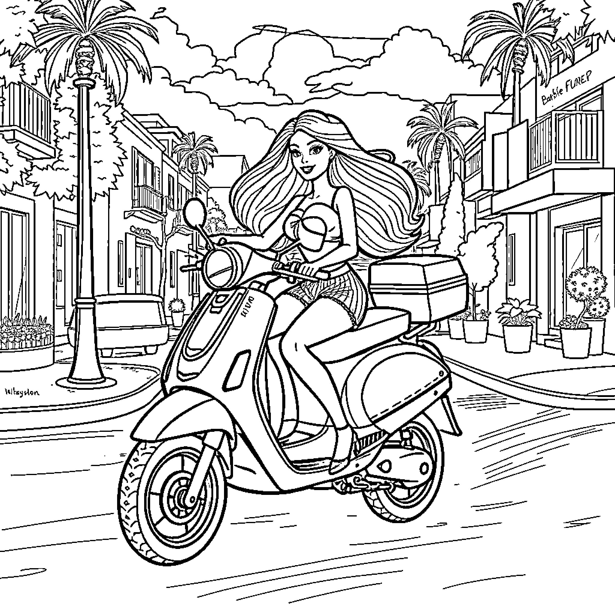 Barbie riding scooter through tropical street Coloring Page (free black-and-white line drawing printable PDF for all, from beginners to advanced learners, including children, teens, adults, and seniors)