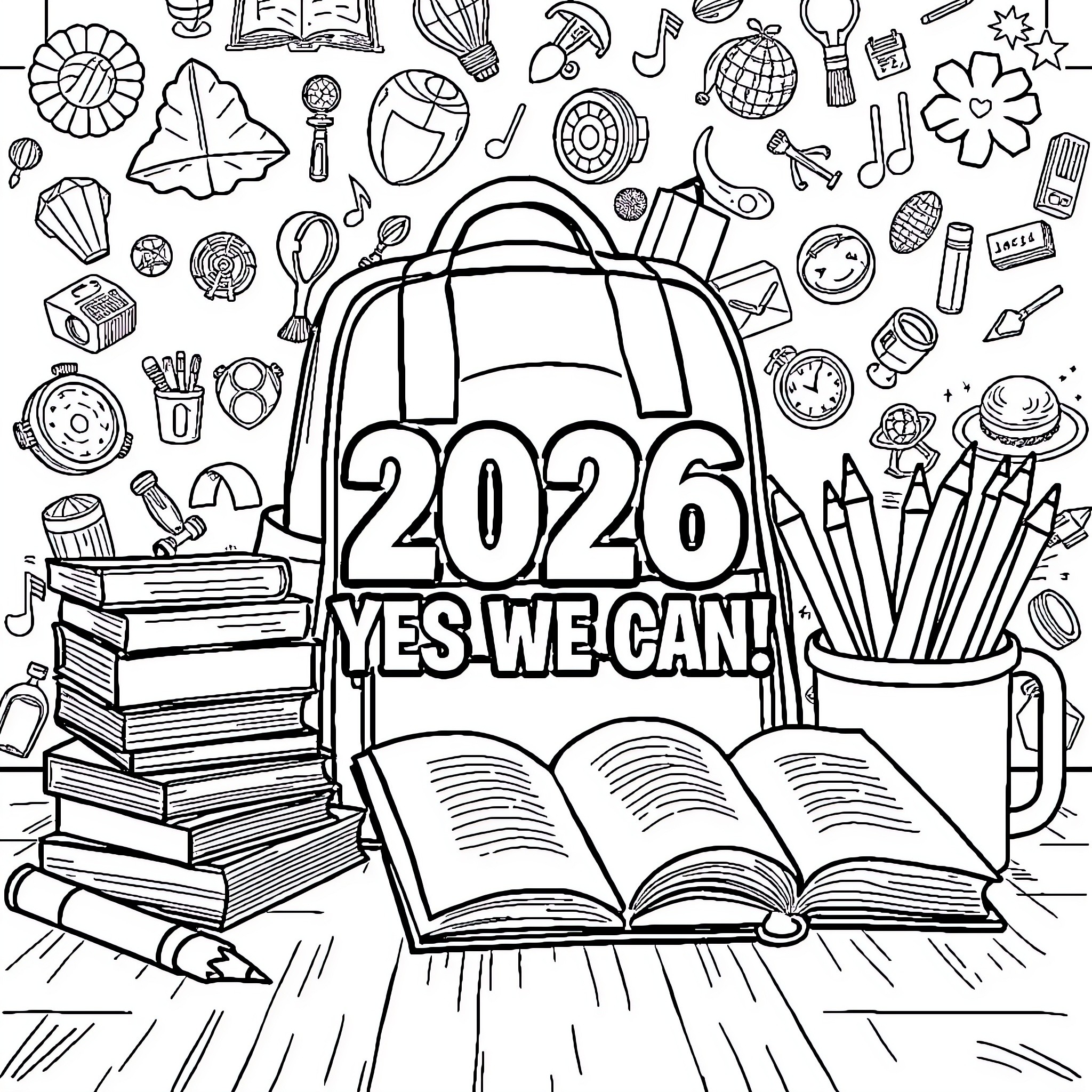School Supplies with Motivational Message Coloring Page (free black-and-white line drawing printable PDF for all, from beginners to advanced learners, including children, teens, adults, and seniors)