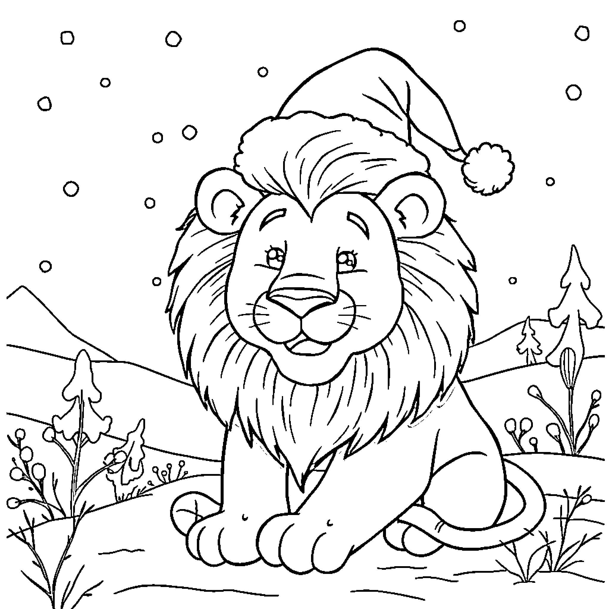 Lion in winter wonderland with Santa hat Coloring Page (free black-and-white line drawing printable PDF for all, from beginners to advanced learners, including children, teens, adults, and seniors)