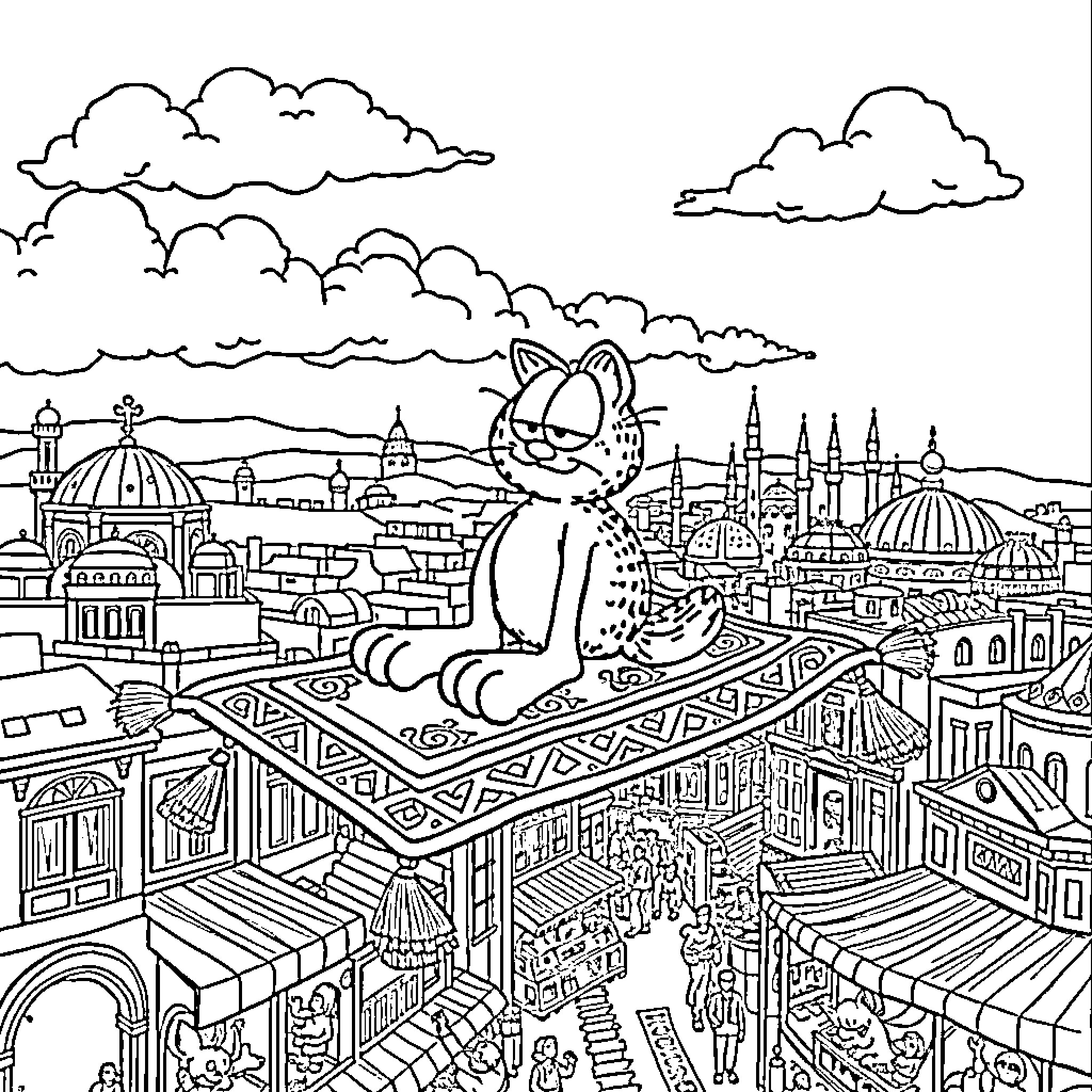 Garfield Enjoying the Cityscape View Coloring Page (free black-and-white line drawing printable PDF for all, from beginners to advanced learners, including children, teens, adults, and seniors)