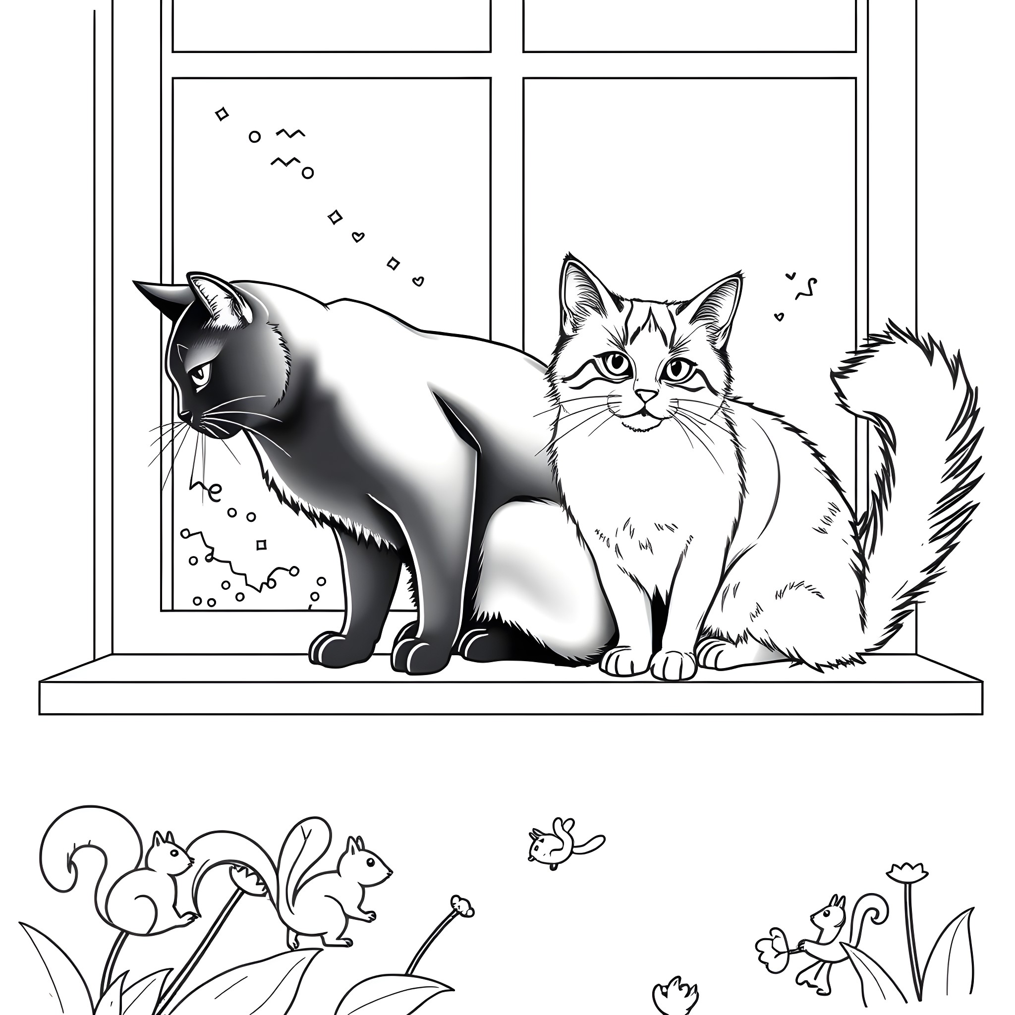 Cats enjoying the view through the window Coloring Page (free black-and-white line drawing printable PDF for all, from beginners to advanced learners, including children, teens, adults, and seniors)