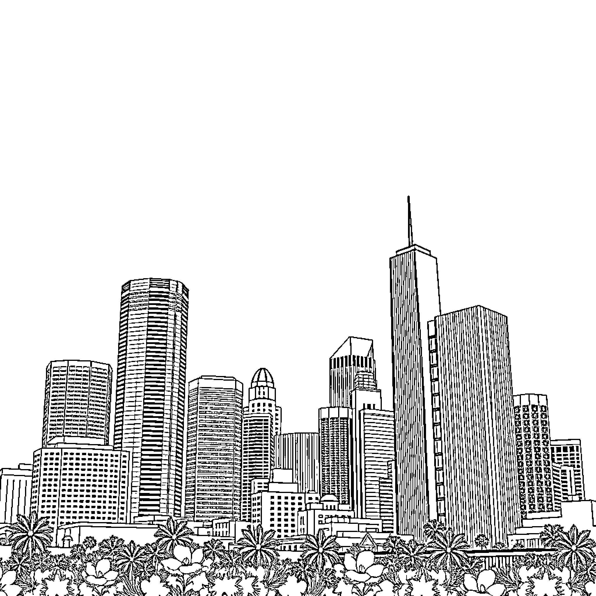 Los Angeles skyline with tropical foliage Coloring Page (free black-and-white line drawing printable PDF for all, from beginners to advanced learners, including children, teens, adults, and seniors)