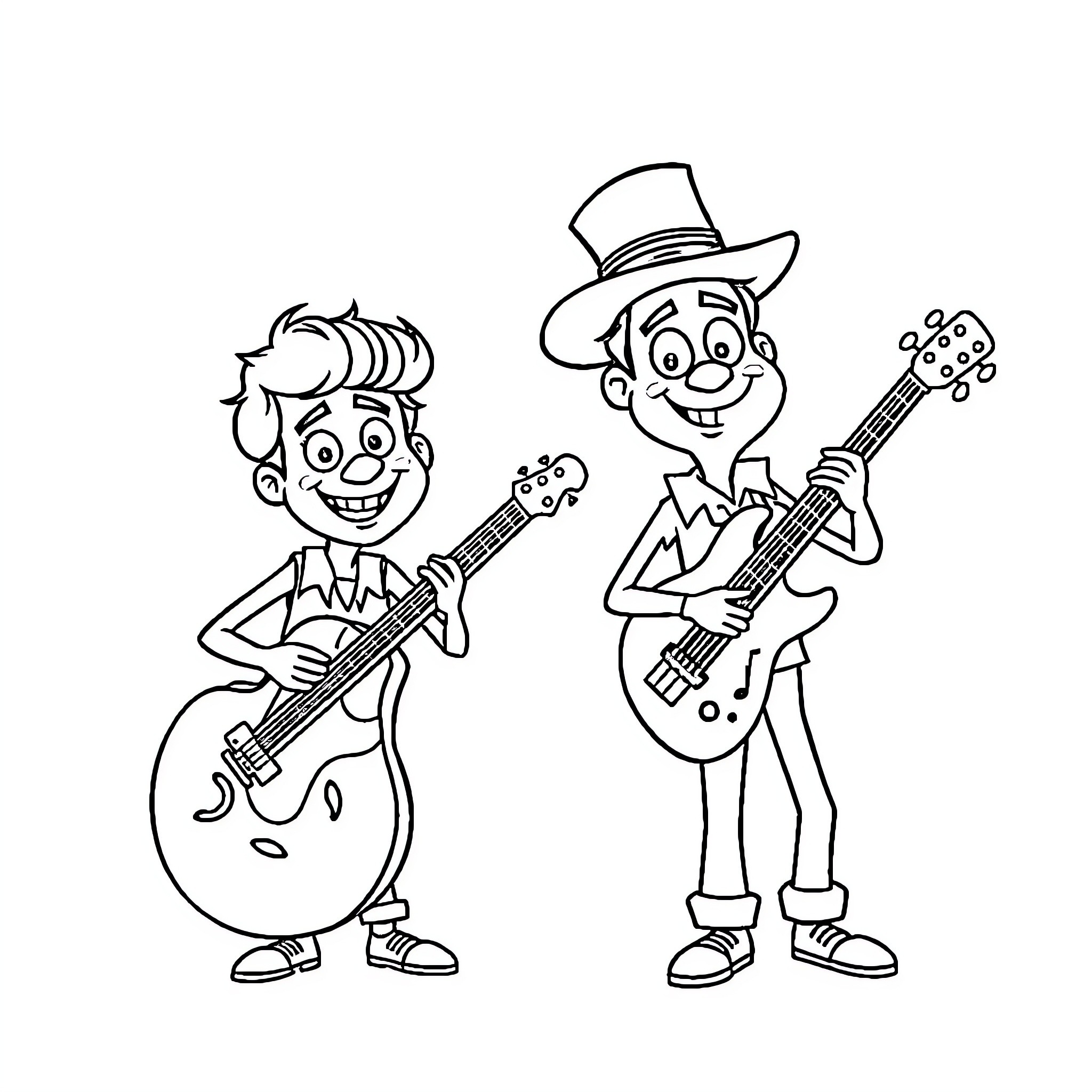 Musical Instrument Performing Duo in Cartoon Outfits Coloring Page (free black-and-white line drawing printable PDF for all, from beginners to advanced learners, including children, teens, adults, and seniors)