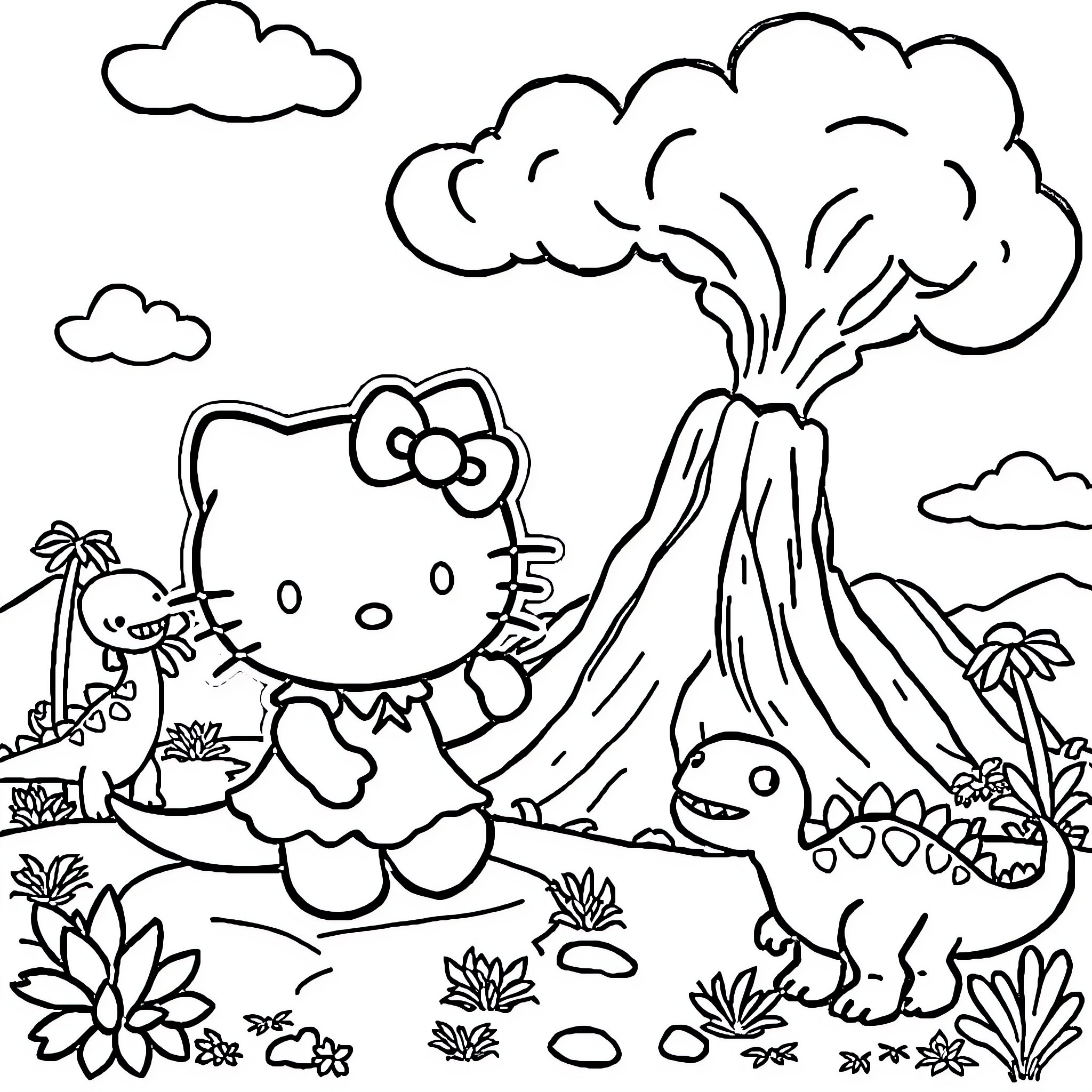 Hello Kitty exploring a volcanic landscape with a dinosaur Coloring Page (free black-and-white line drawing printable PDF for all, from beginners to advanced learners, including children, teens, adults, and seniors)