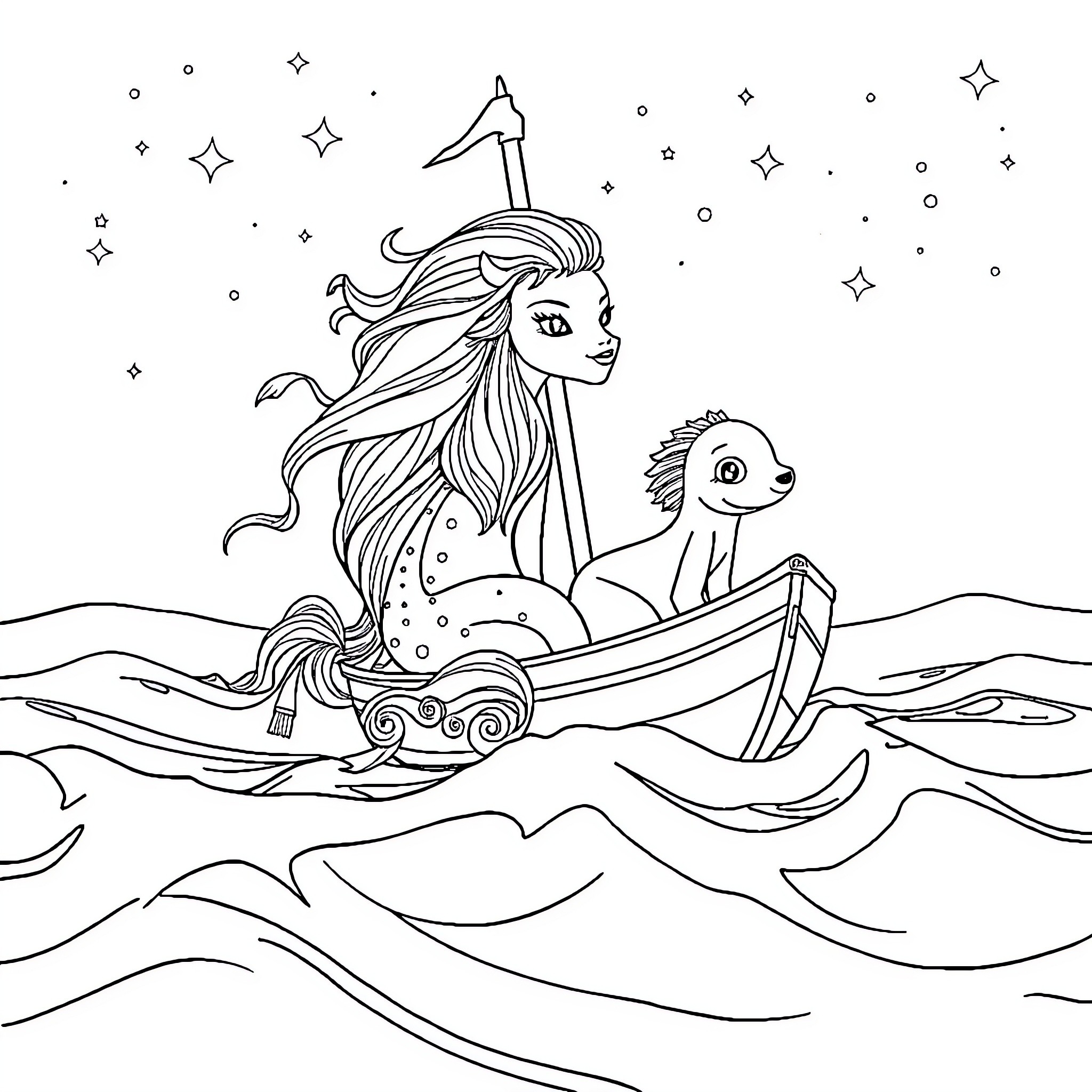 Zodiac Mermaid on Sailing Adventure Coloring Page (free black-and-white line drawing printable PDF for all, from beginners to advanced learners, including children, teens, adults, and seniors)