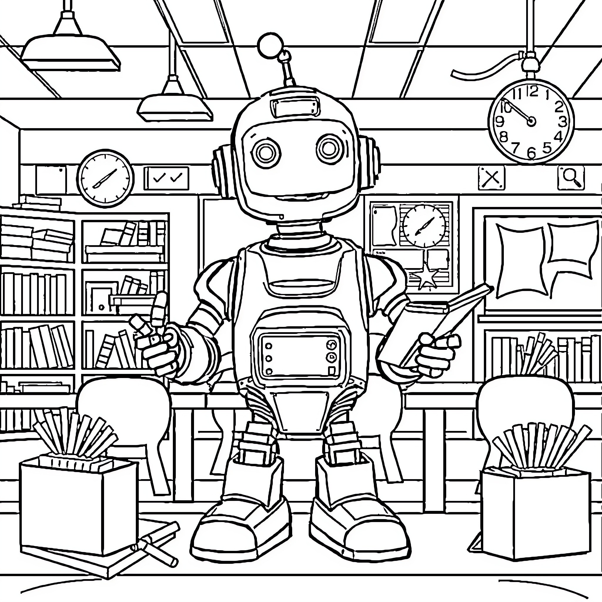 Robot exploring a cluttered office environment Coloring Page (free black-and-white line drawing printable PDF for all, from beginners to advanced learners, including children, teens, adults, and seniors)