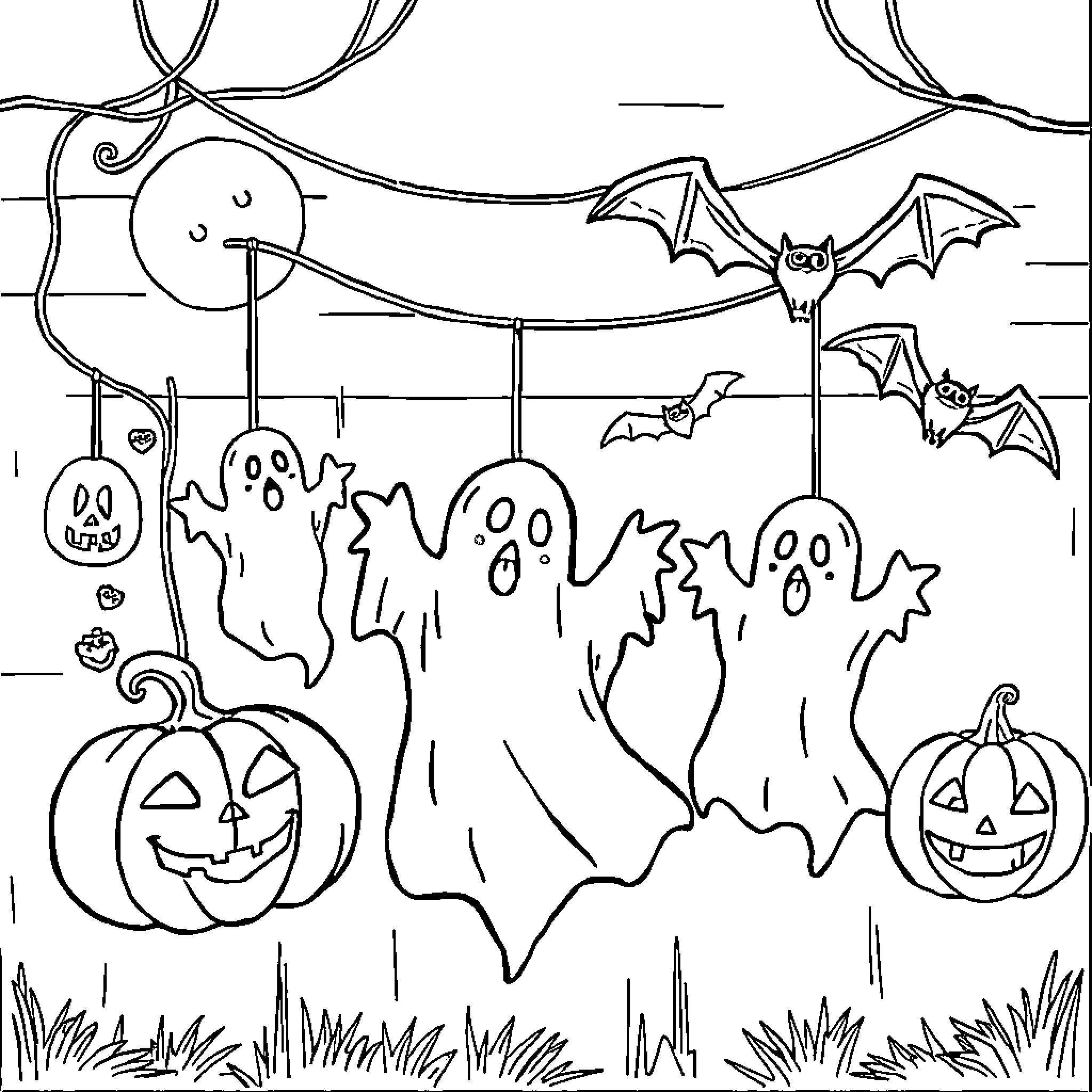 Halloween scene with ghosts, bats, and pumpkins Coloring Page (free black-and-white line drawing printable PDF for all, from beginners to advanced learners, including children, teens, adults, and seniors)