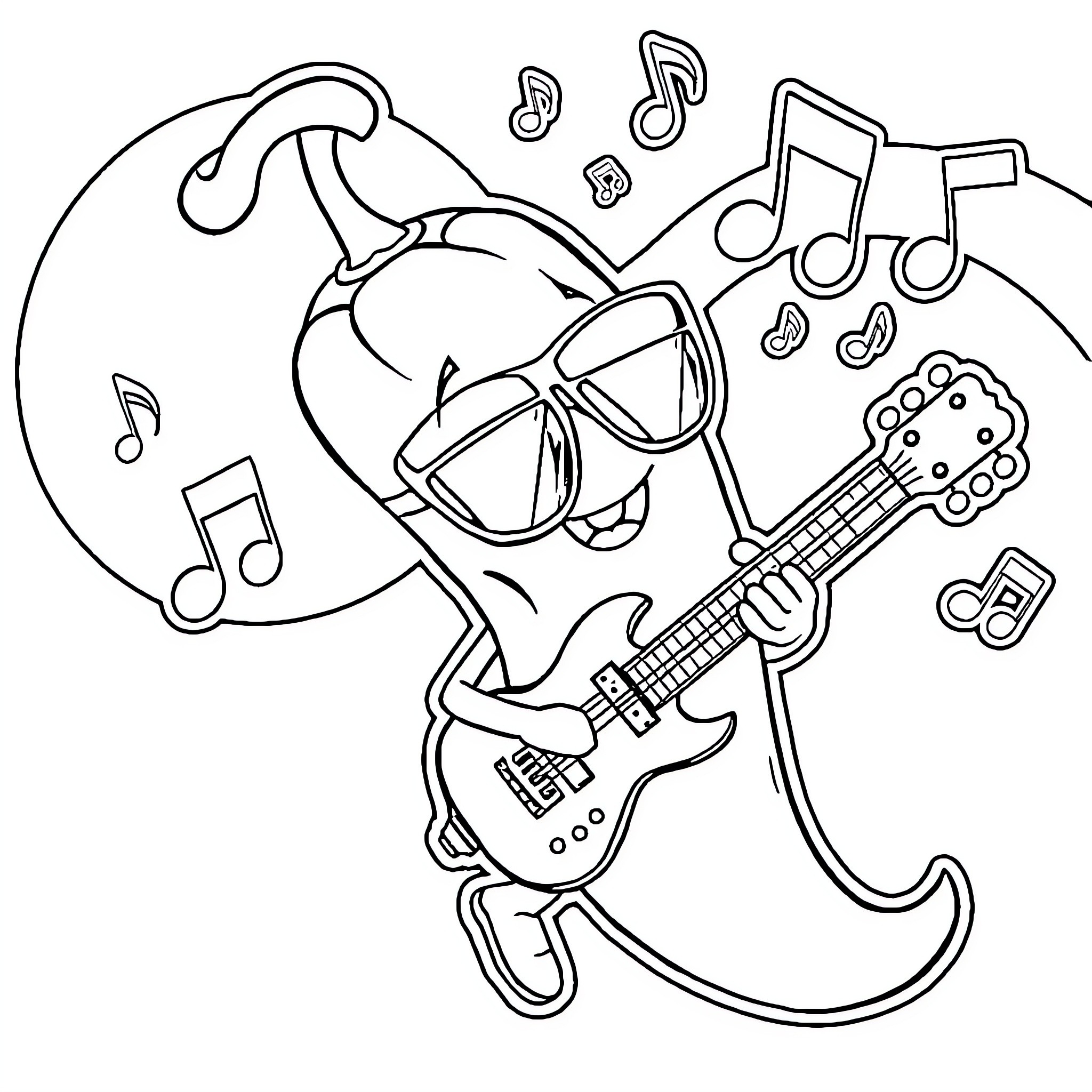Chili Pepper rocking out with guitar and music notes Coloring Page (free black-and-white line drawing printable PDF for all, from beginners to advanced learners, including children, teens, adults, and seniors)