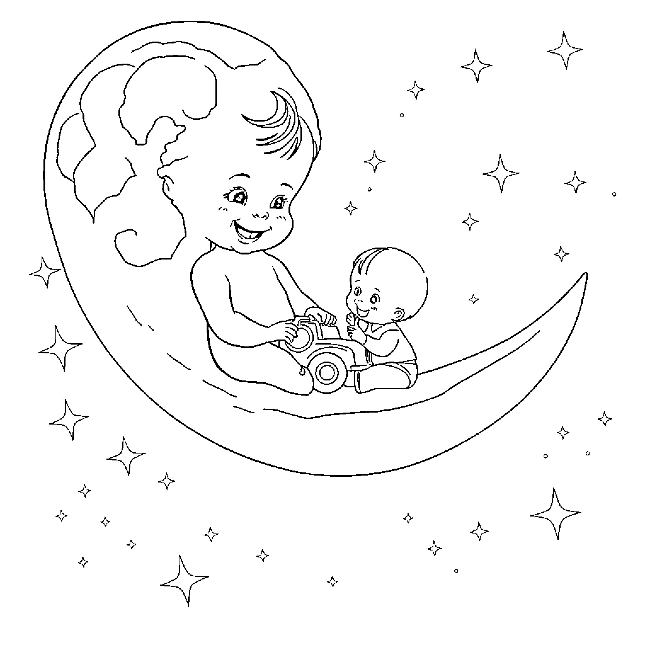 Baby playing with toy on the moon Coloring Page (free black-and-white line drawing printable PDF for all, from beginners to advanced learners, including children, teens, adults, and seniors)